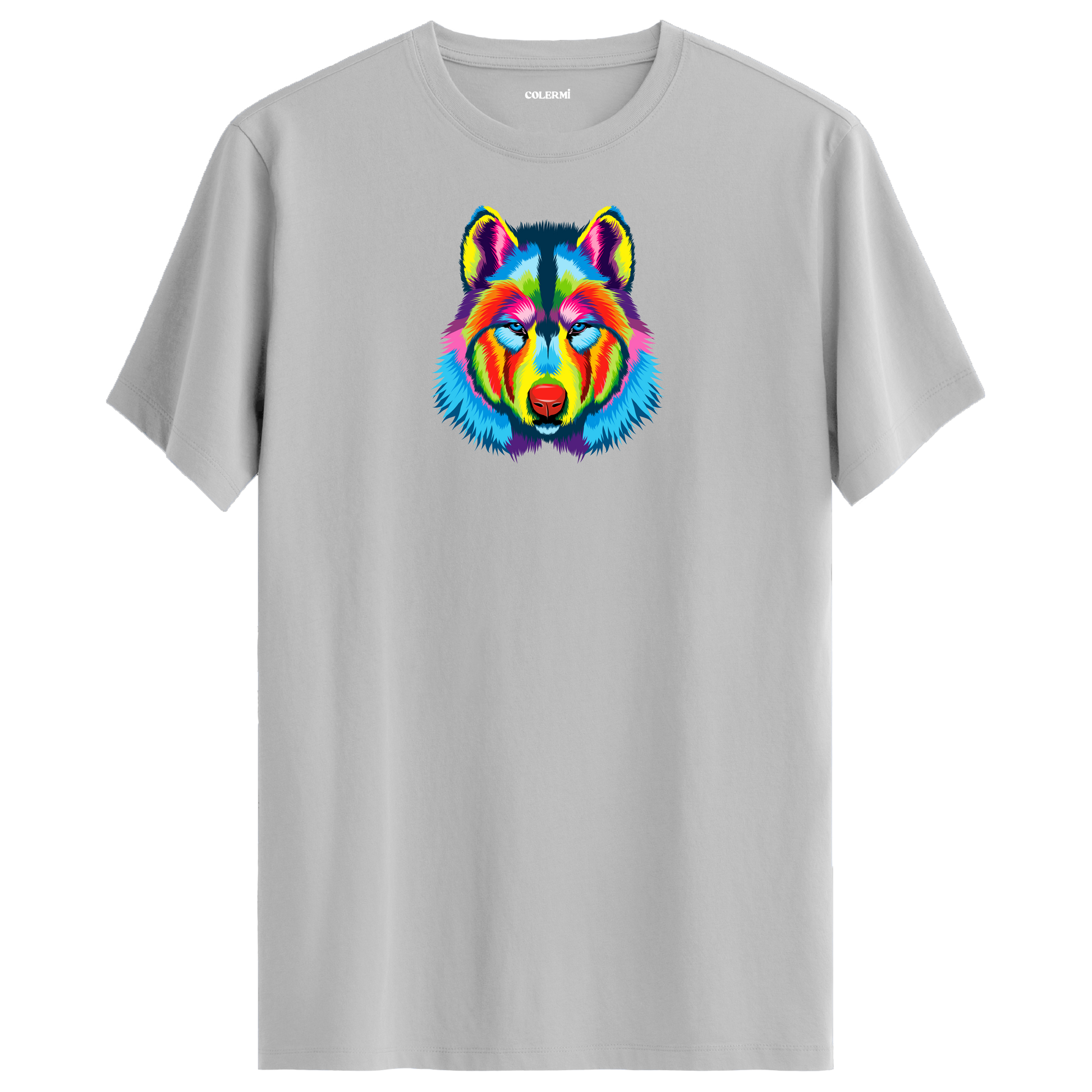 Gri tişört üzerinde renkli kurt baskısı