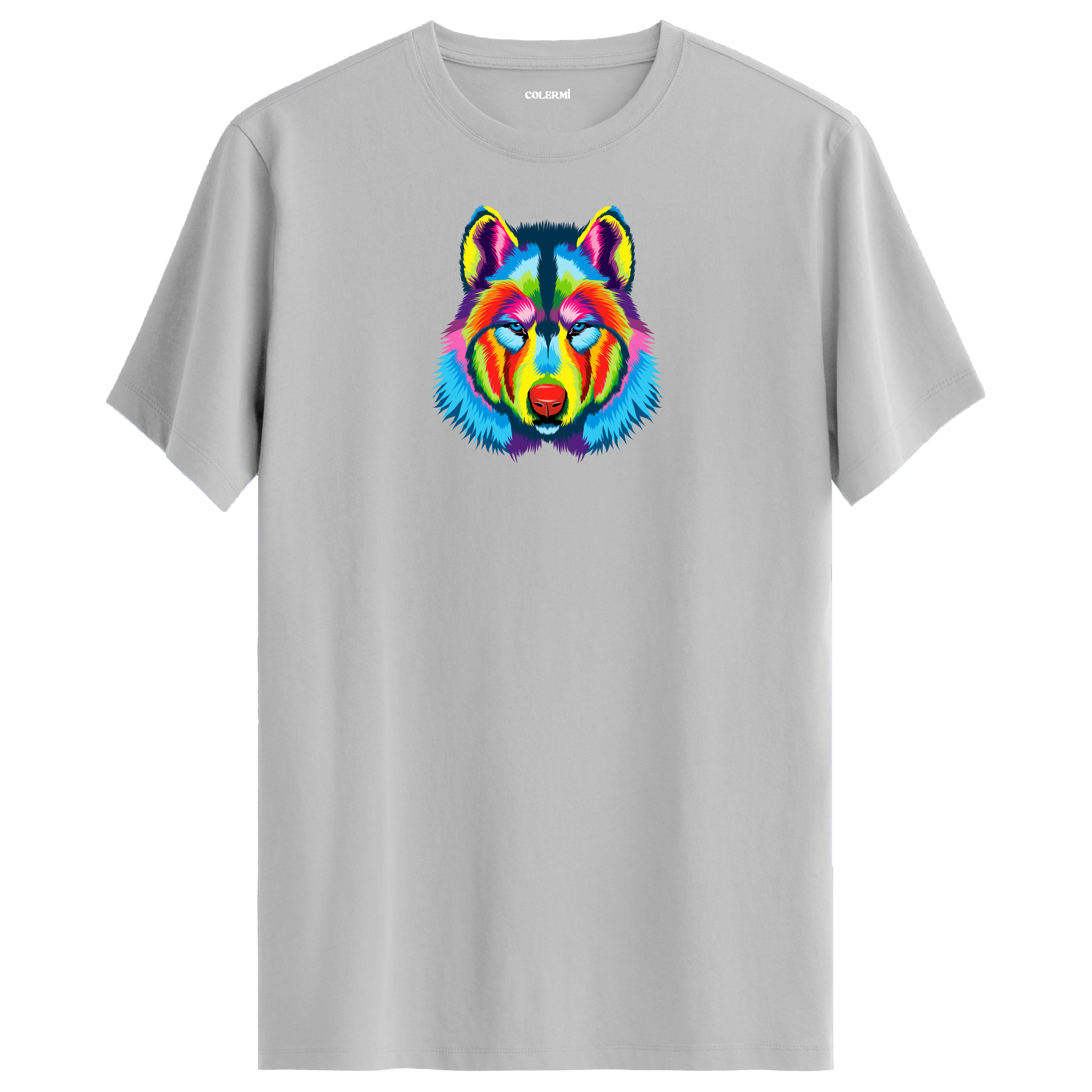 Gri tişört üzerinde renkli kurt baskısı