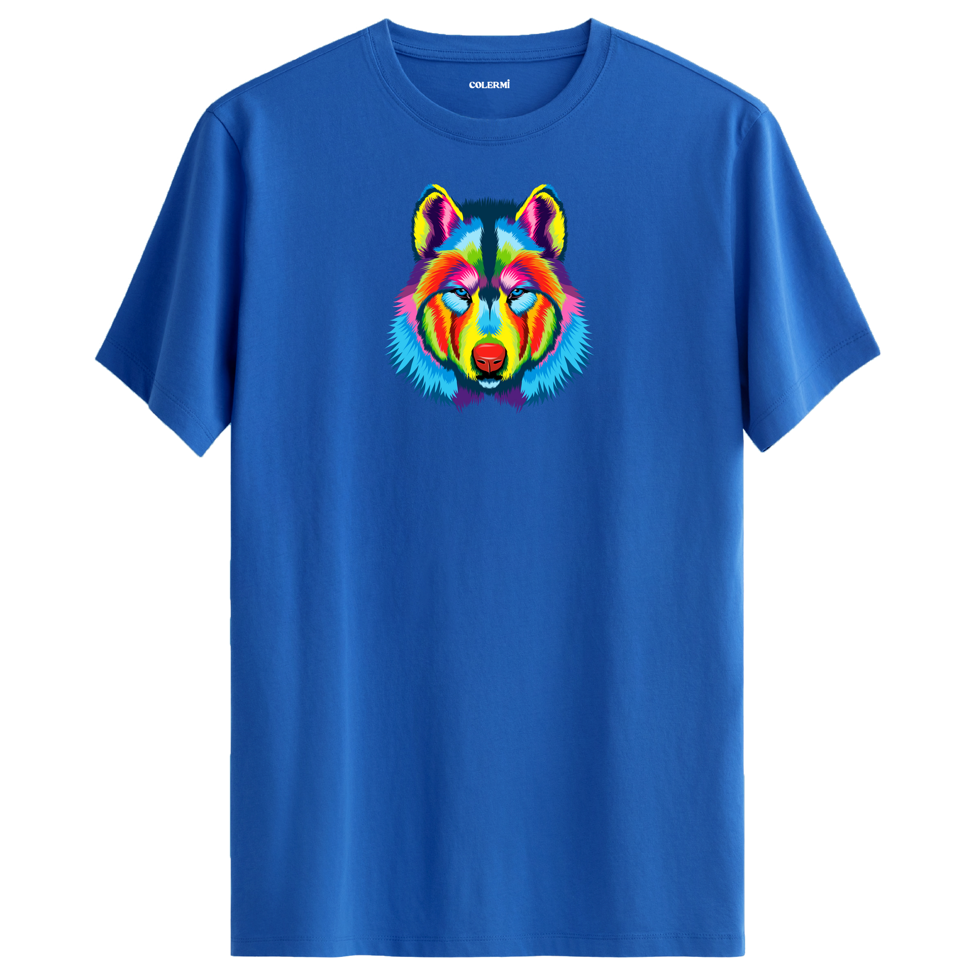 Mavi tişört üzerinde renkli kurt baskısı