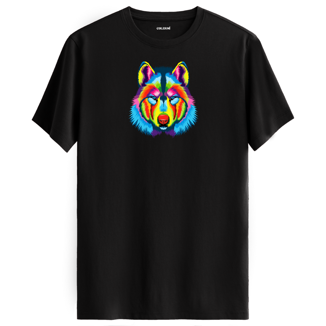 Siyah tişört üzerinde renkli kurt baskısı