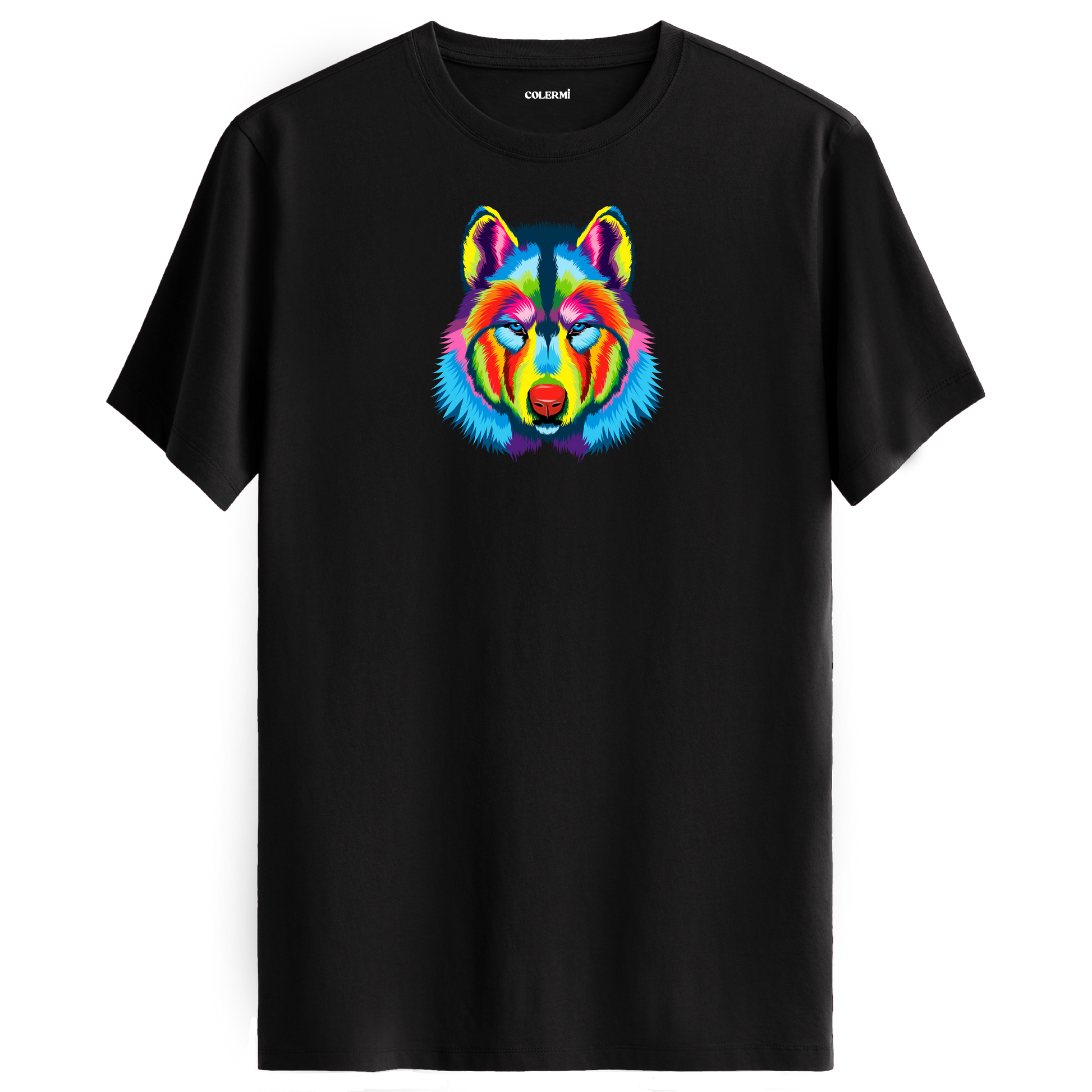 Siyah tişört üzerinde renkli kurt baskısı