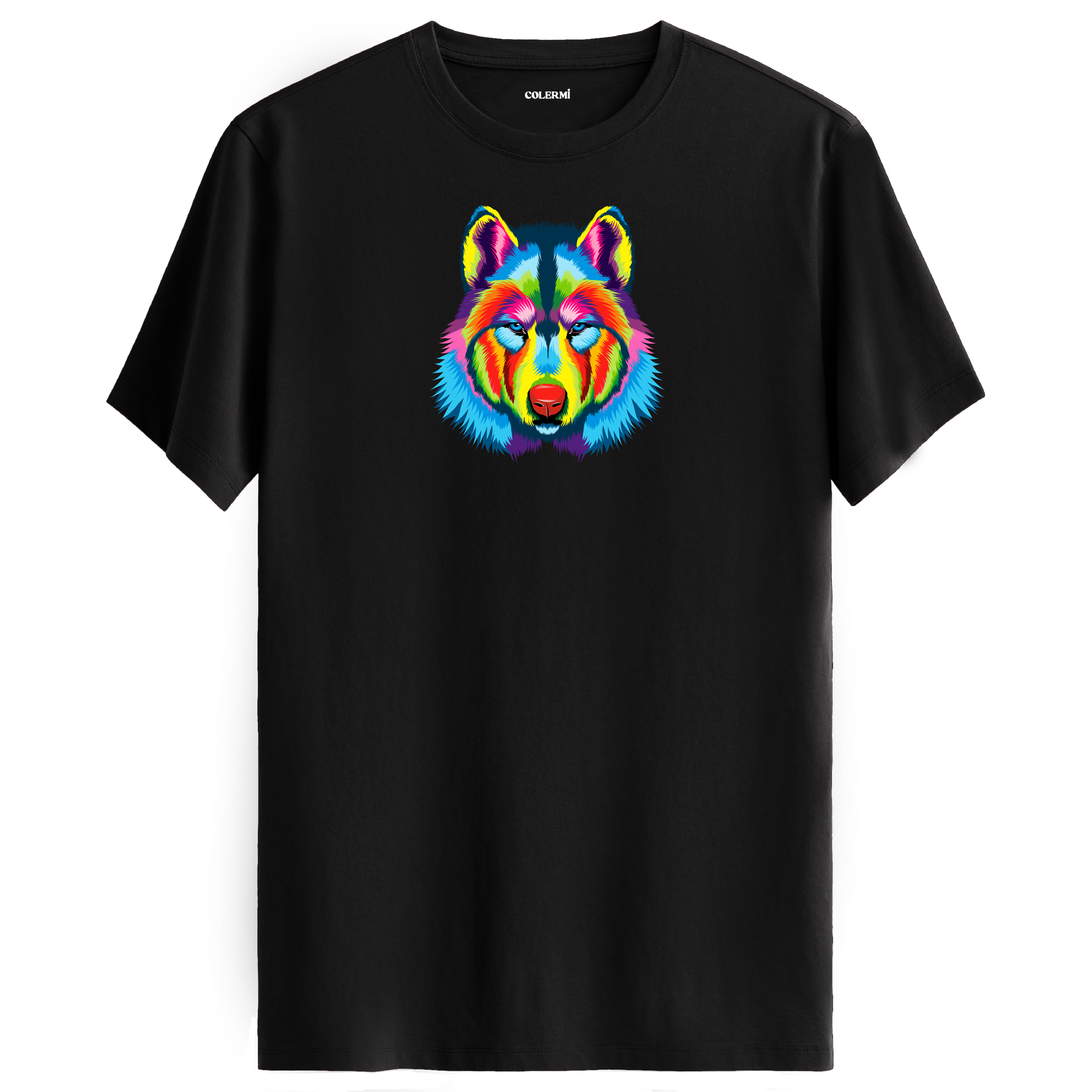 Siyah tişört üzerinde renkli kurt baskısı