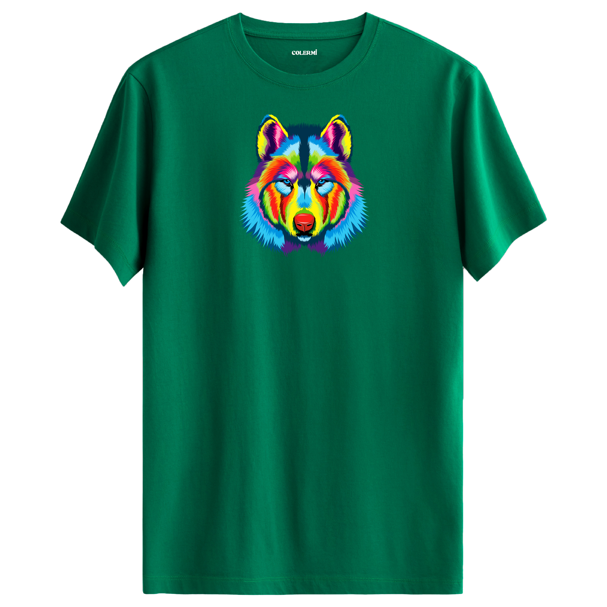 Yeşil tişört üzerinde renkli kurt baskısı