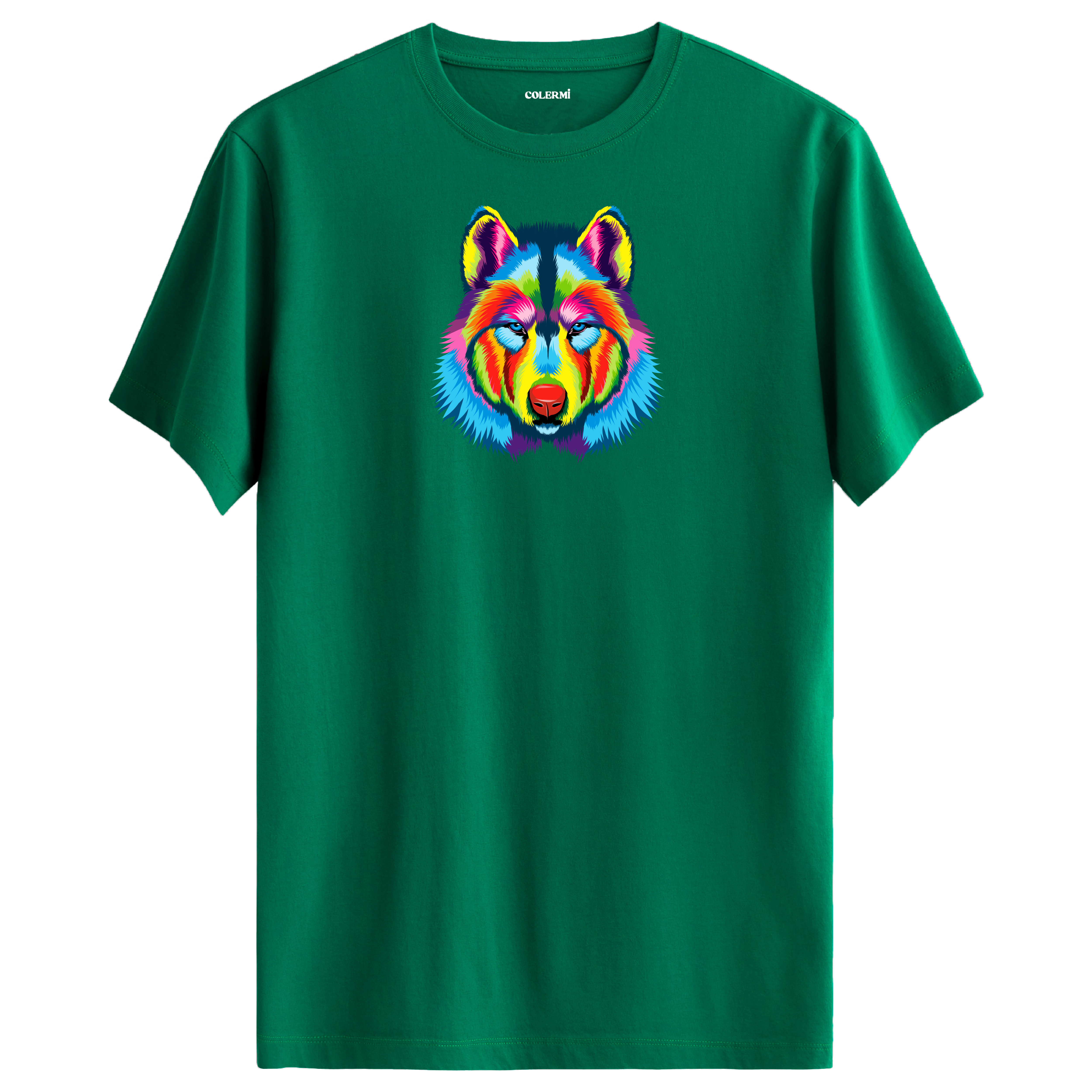 Yeşil tişört üzerinde renkli kurt baskısı