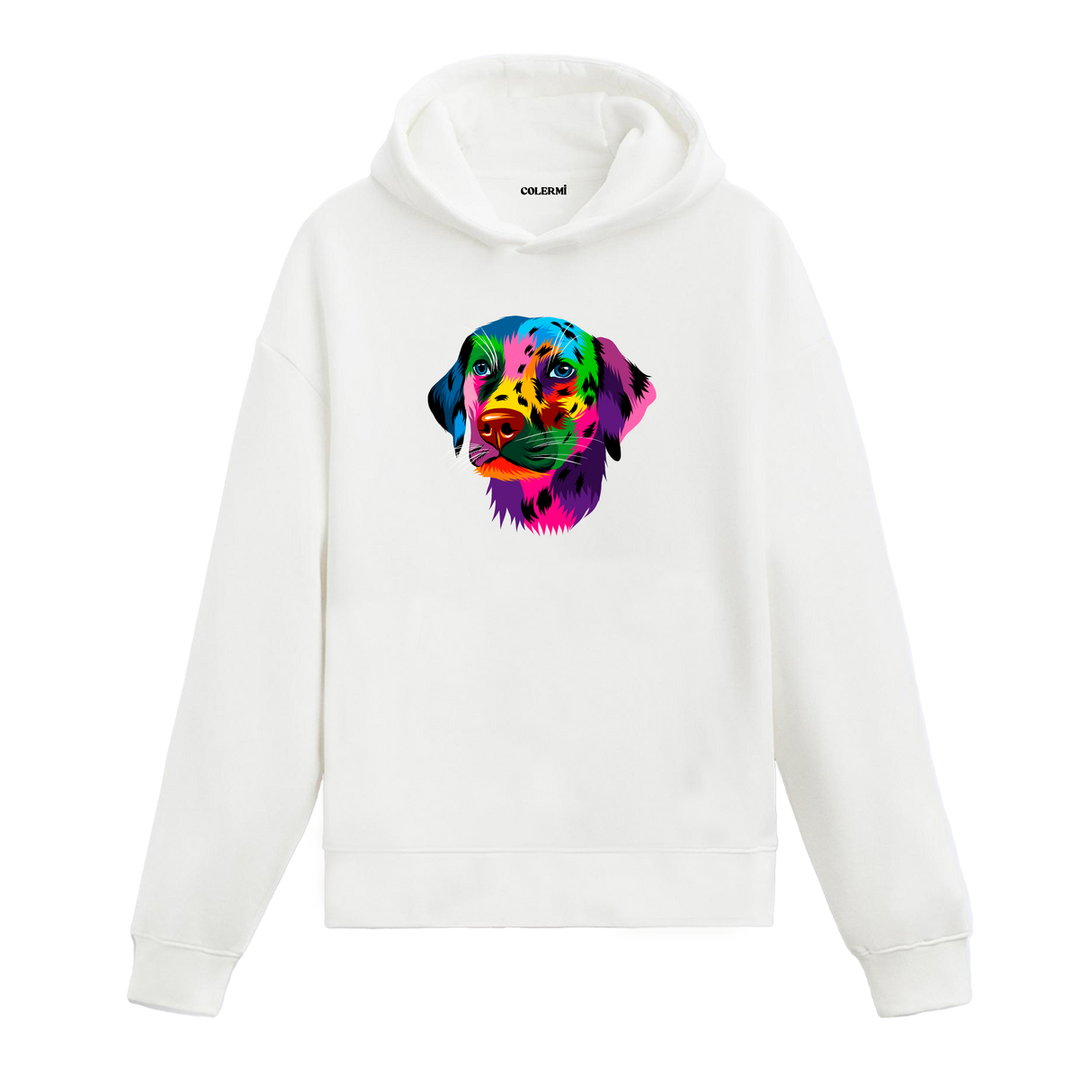 Renkli Labrador köpek baskılı beyaz hoodie