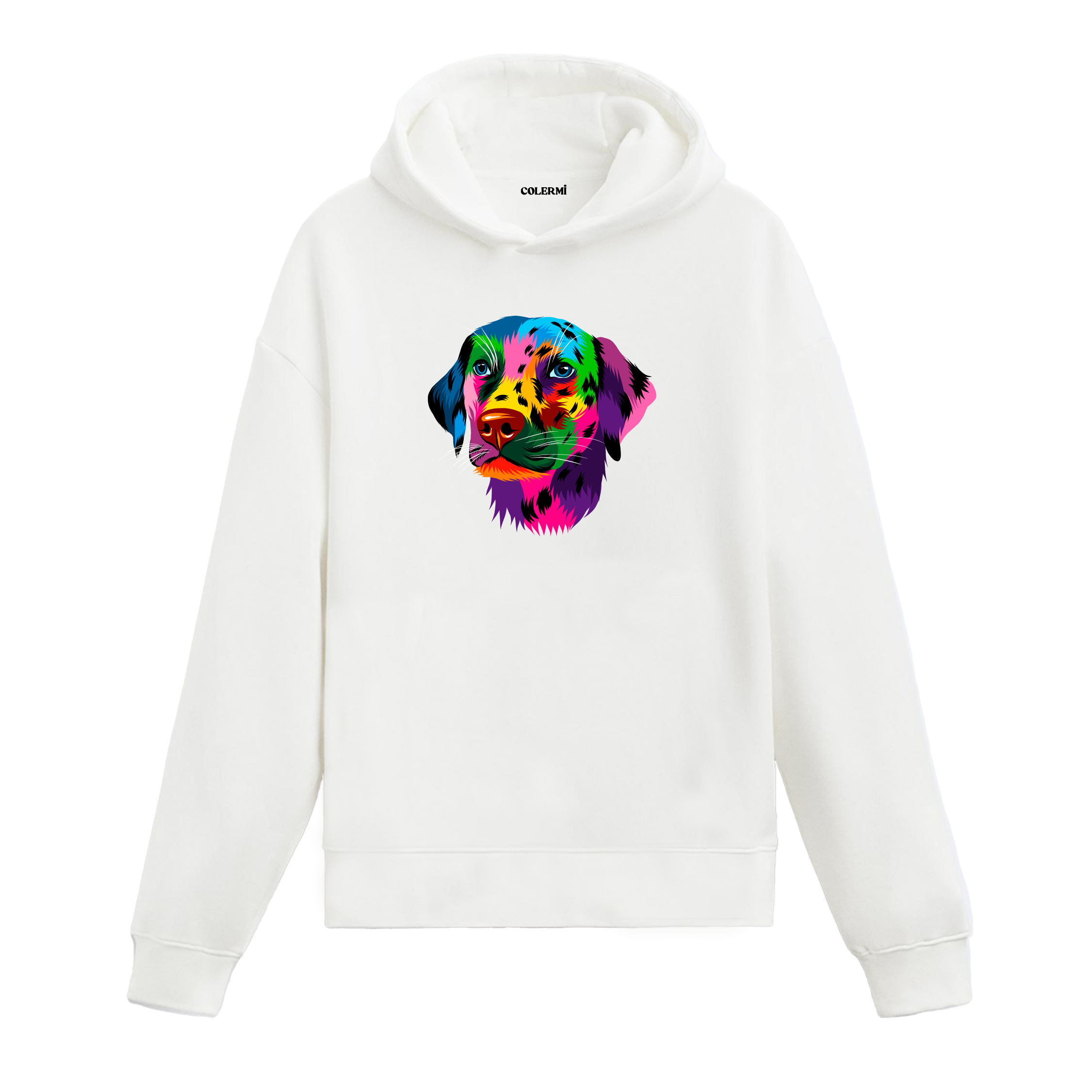 Renkli Labrador köpek baskılı beyaz hoodie
