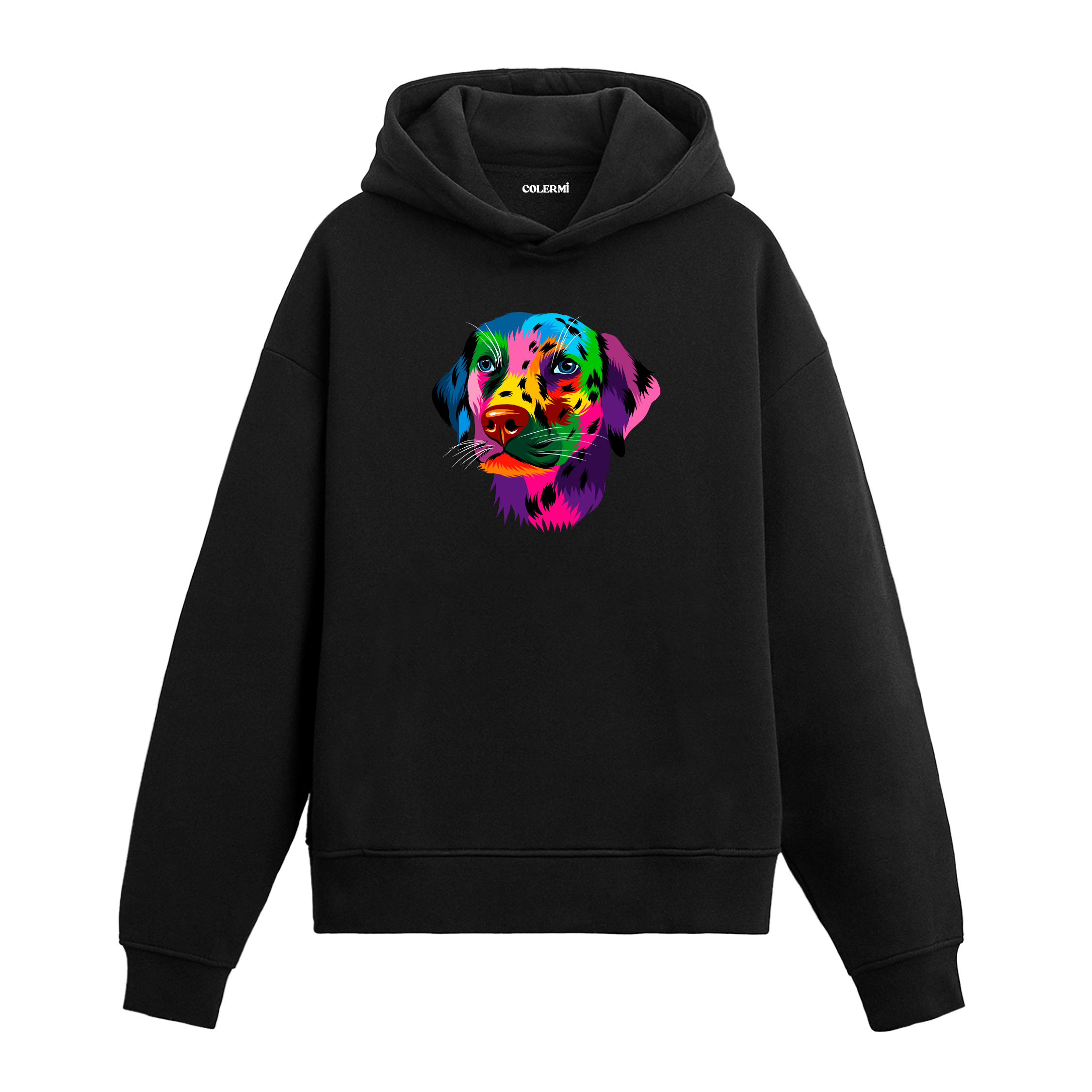 Renkli Labrador köpek baskılı siyah hoodie