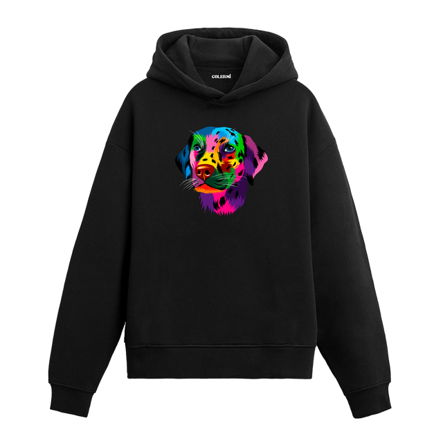 Renkli Labrador köpek baskılı siyah hoodie