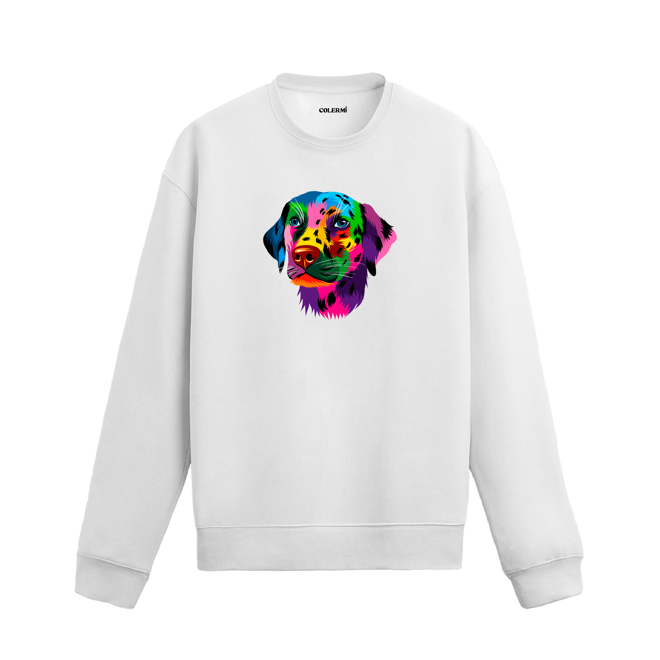 Siyah sweatshirt üzerinde renkli Labrador köpek baskısı