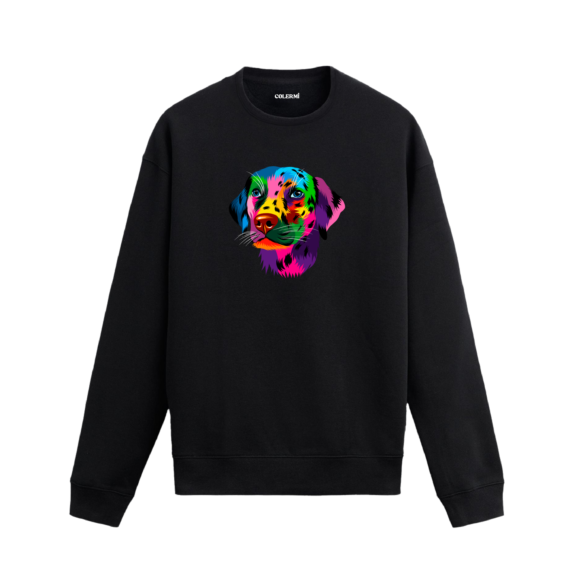 Siyah sweatshirt üzerinde renkli Labrador köpek baskısı