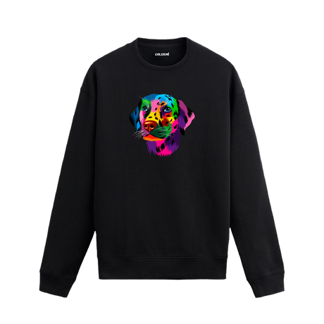 Siyah sweatshirt üzerinde renkli Labrador köpek baskısı