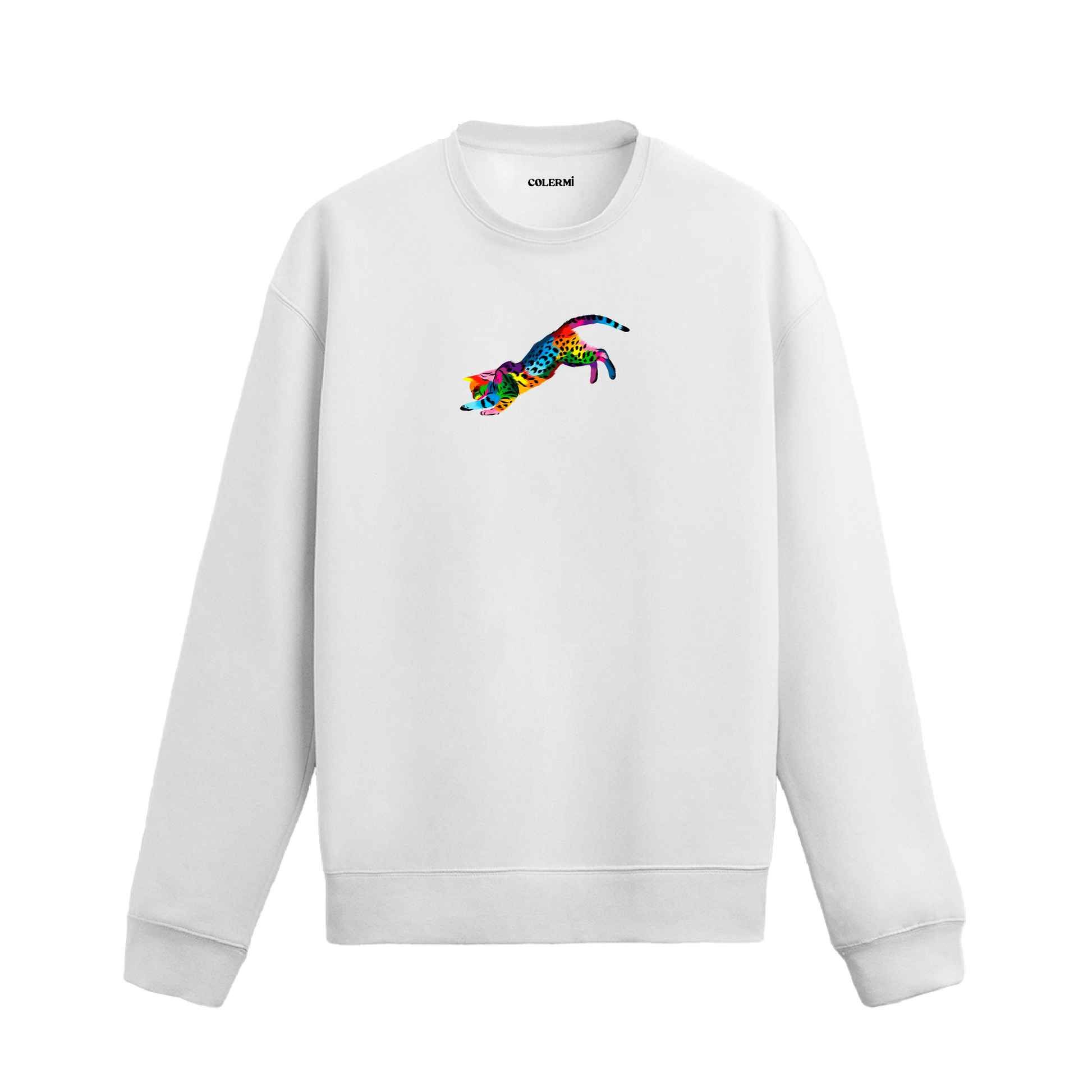 Siyah sweatshirt üzerinde renkli sanatsal leopar baskısı.