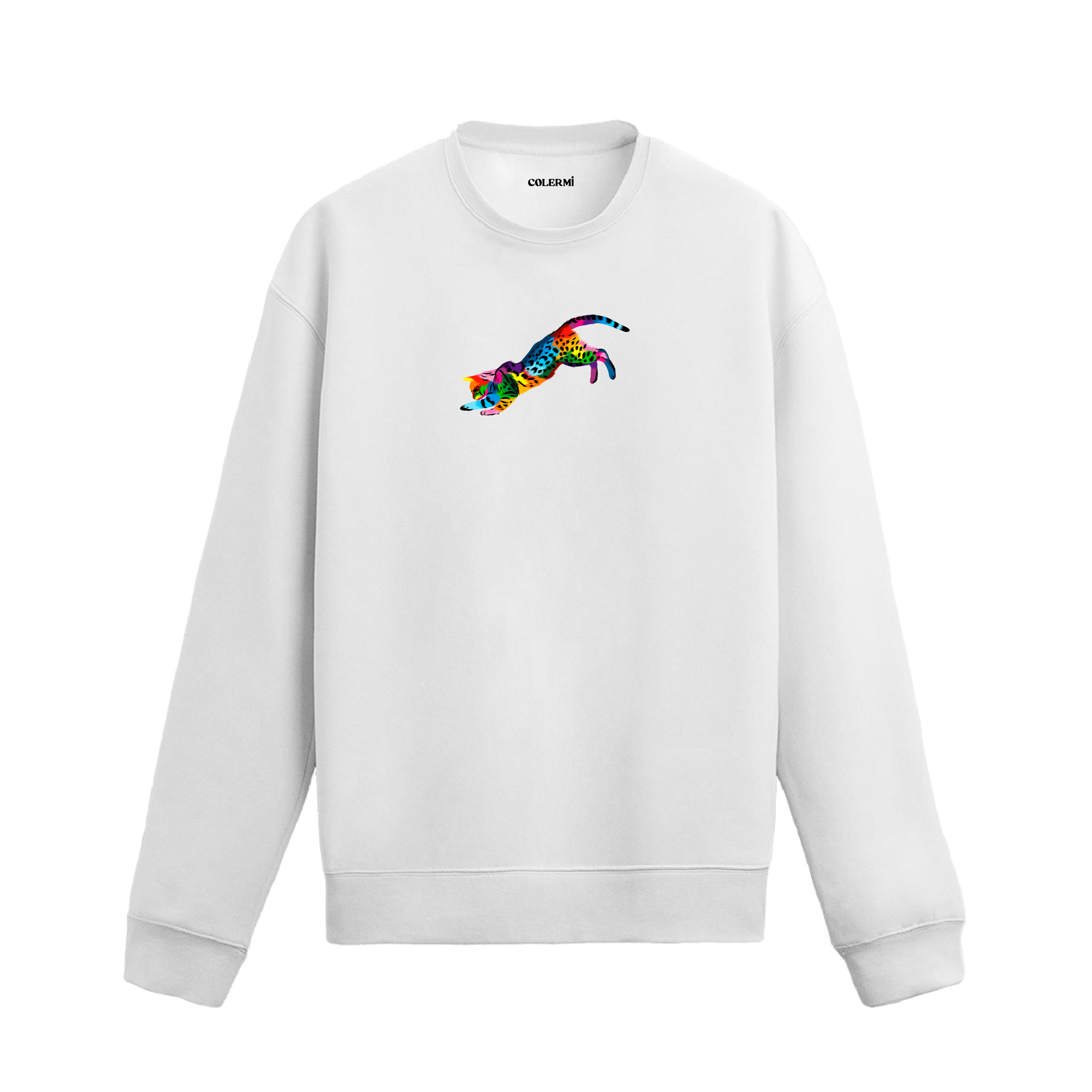 Siyah sweatshirt üzerinde renkli sanatsal leopar baskısı.