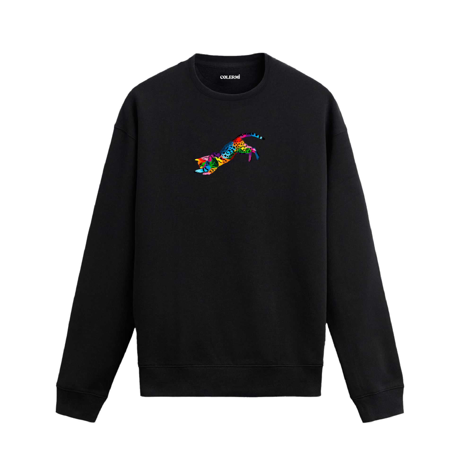 Siyah sweatshirt üzerinde renkli sanatsal leopar baskısı.