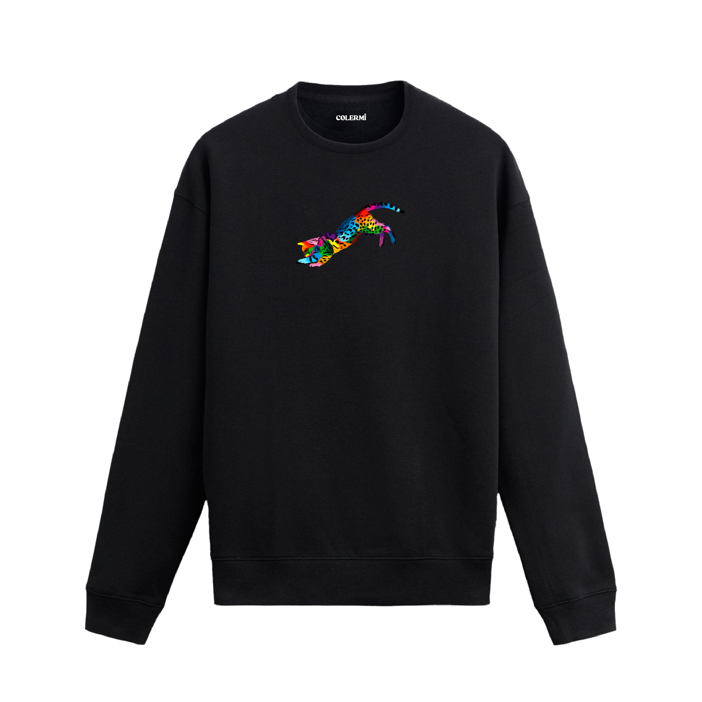 Siyah sweatshirt üzerinde renkli sanatsal leopar baskısı.