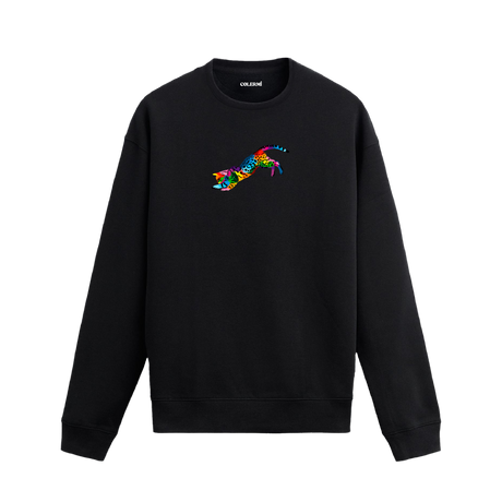 Siyah sweatshirt üzerinde renkli sanatsal leopar baskısı.