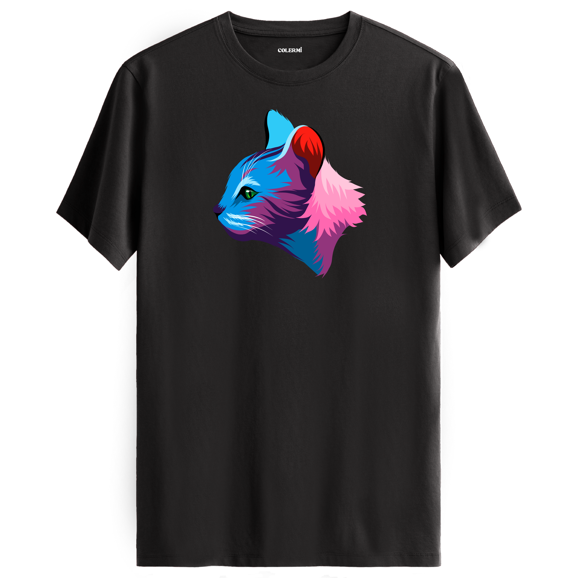 Antrasit tişört üzerinde renkli Liora kedi baskısı