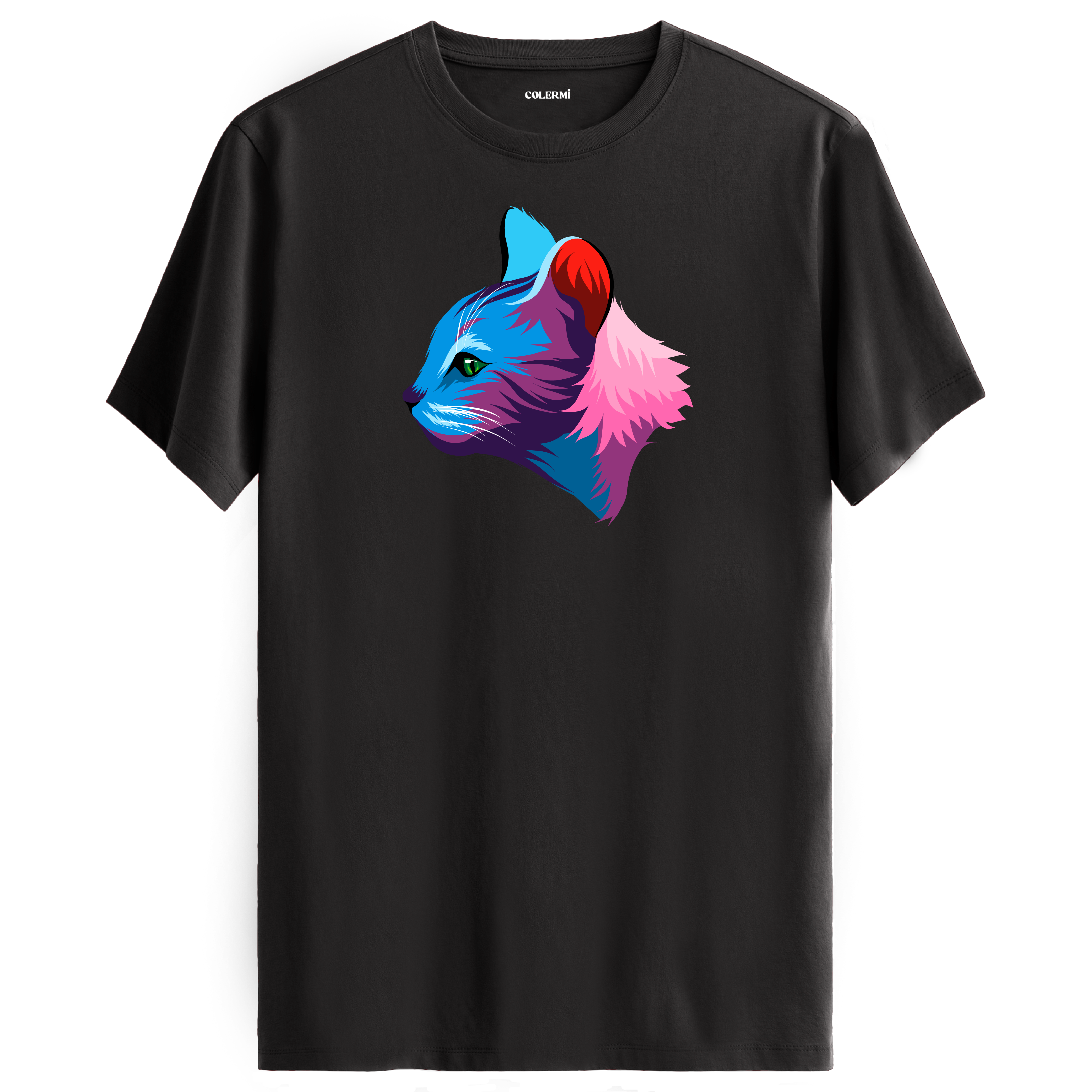 Antrasit tişört üzerinde renkli Liora kedi baskısı