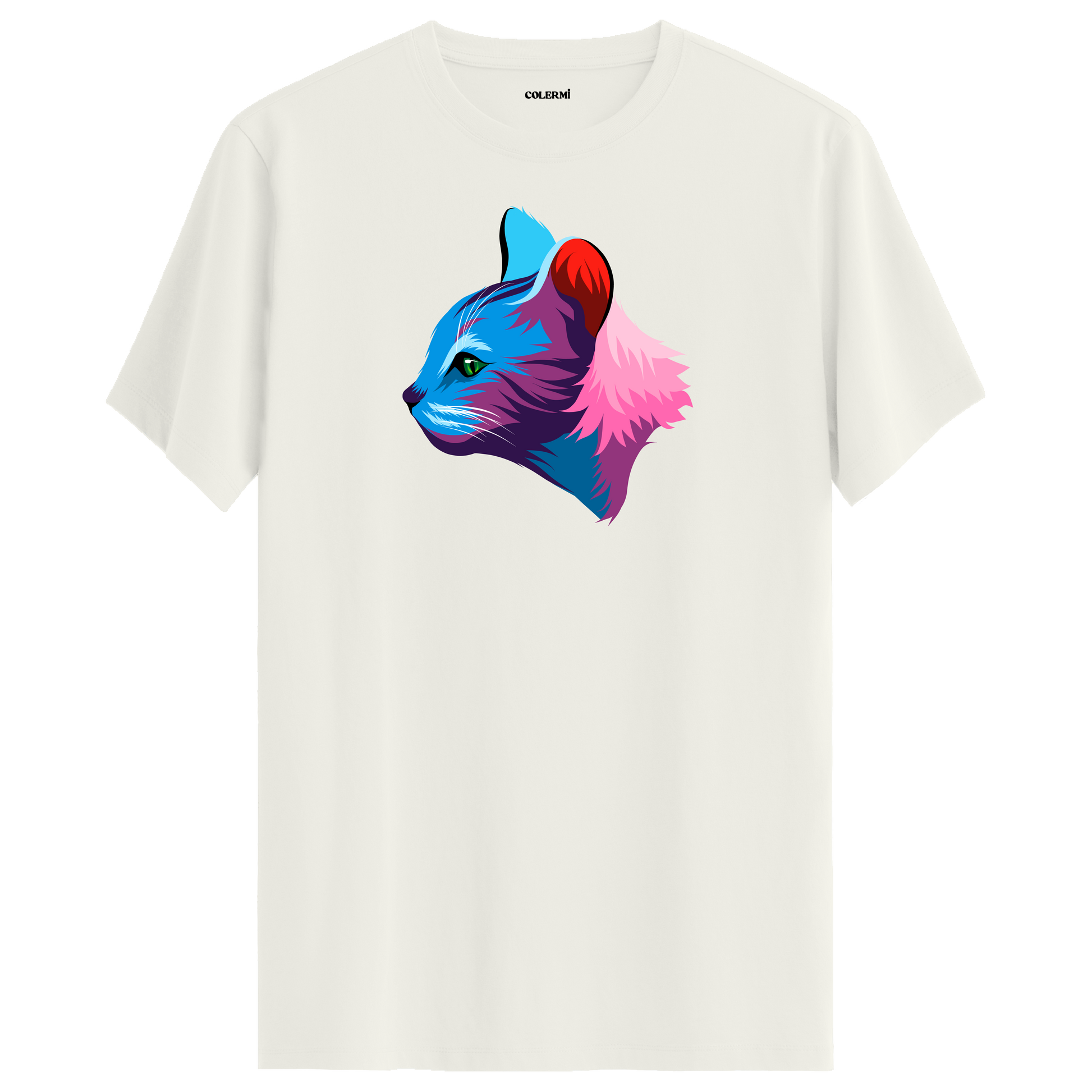 Ekru tişört üzerinde renkli Liora kedi baskısı