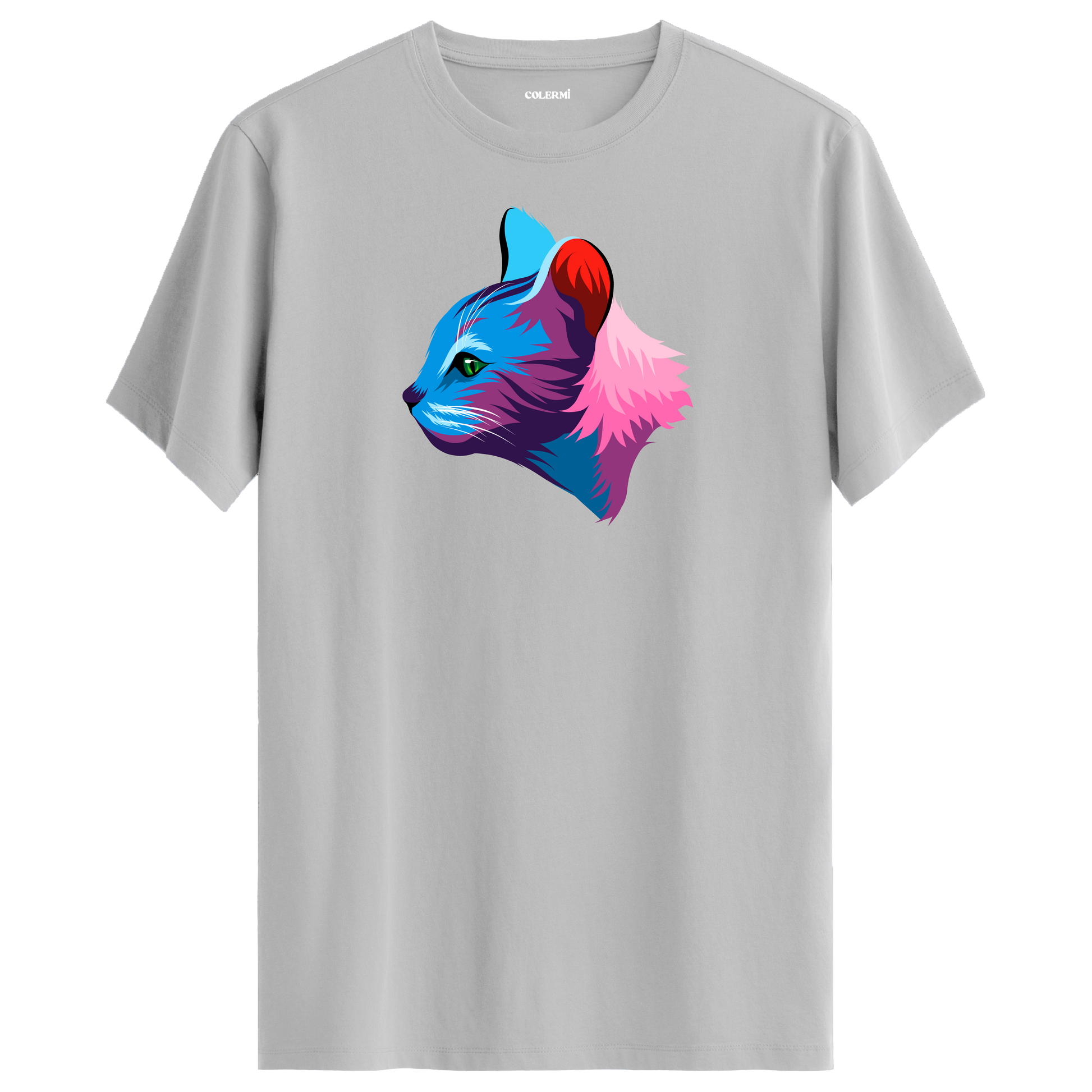 Gri tişört üzerinde renkli Liora kedi baskısı