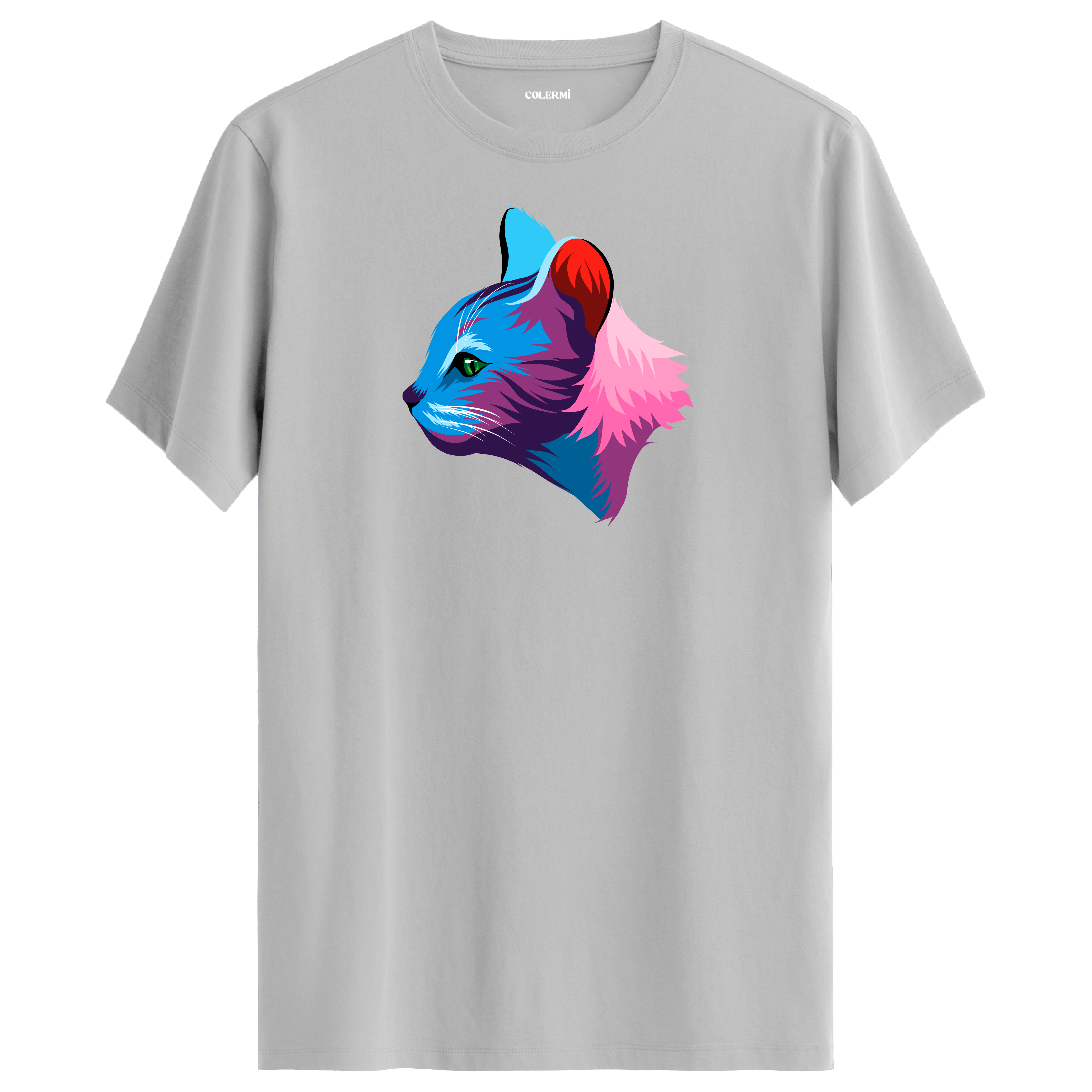 Gri tişört üzerinde renkli Liora kedi baskısı