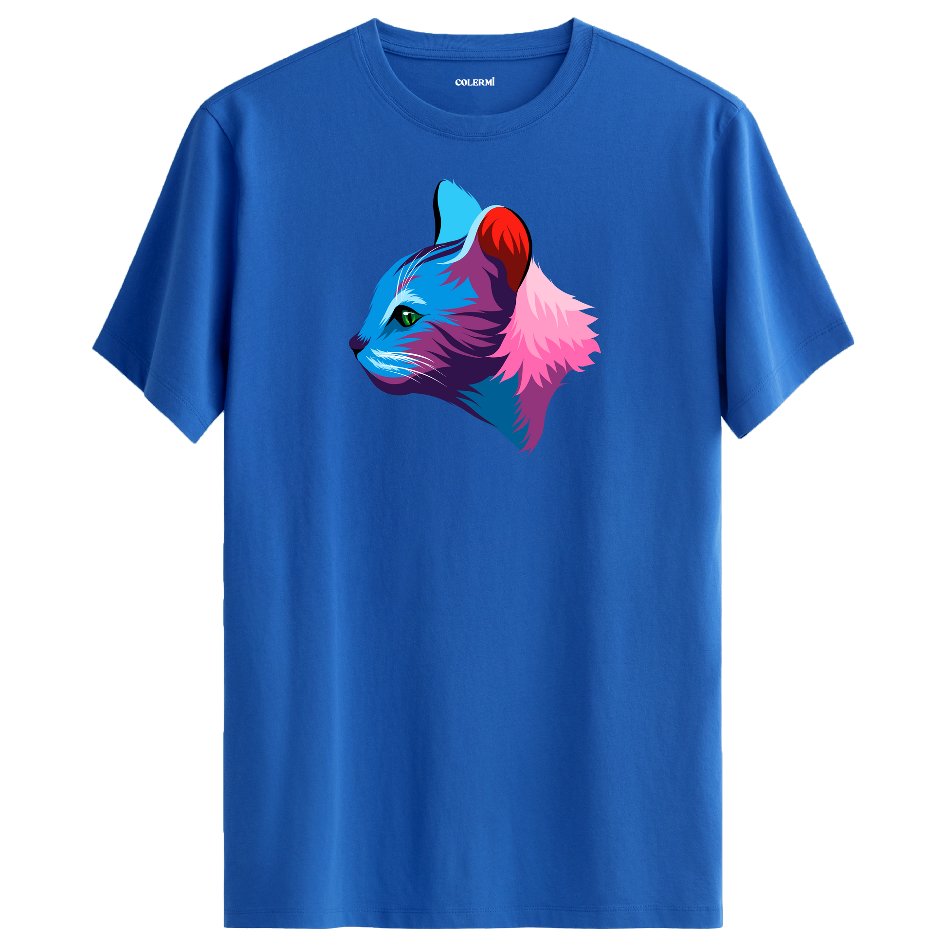 Mavi tişört üzerinde renkli Liora kedi baskısı