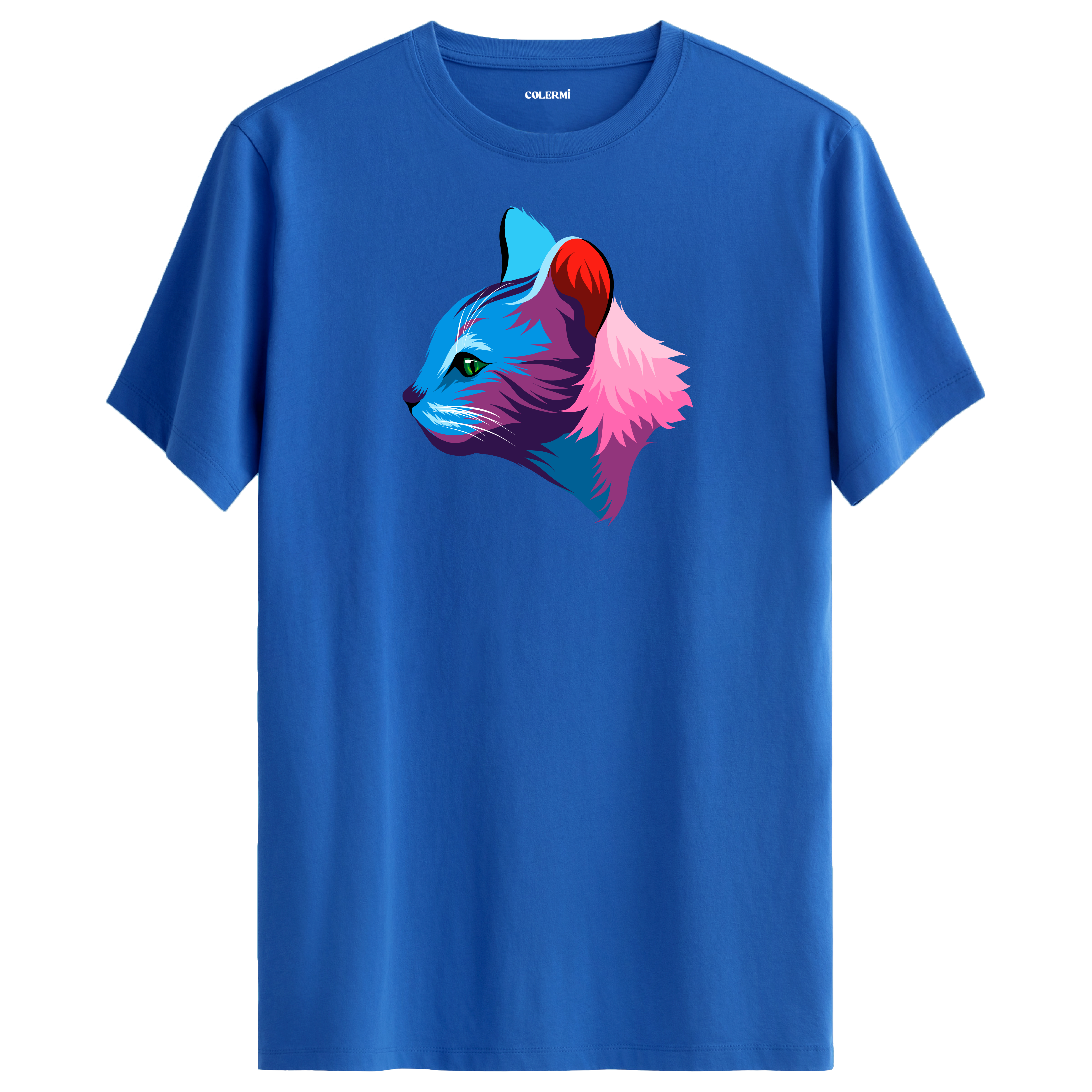 Mavi tişört üzerinde renkli Liora kedi baskısı