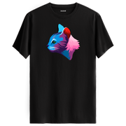 Siyah tişört üzerinde renkli Liora kedi baskısı