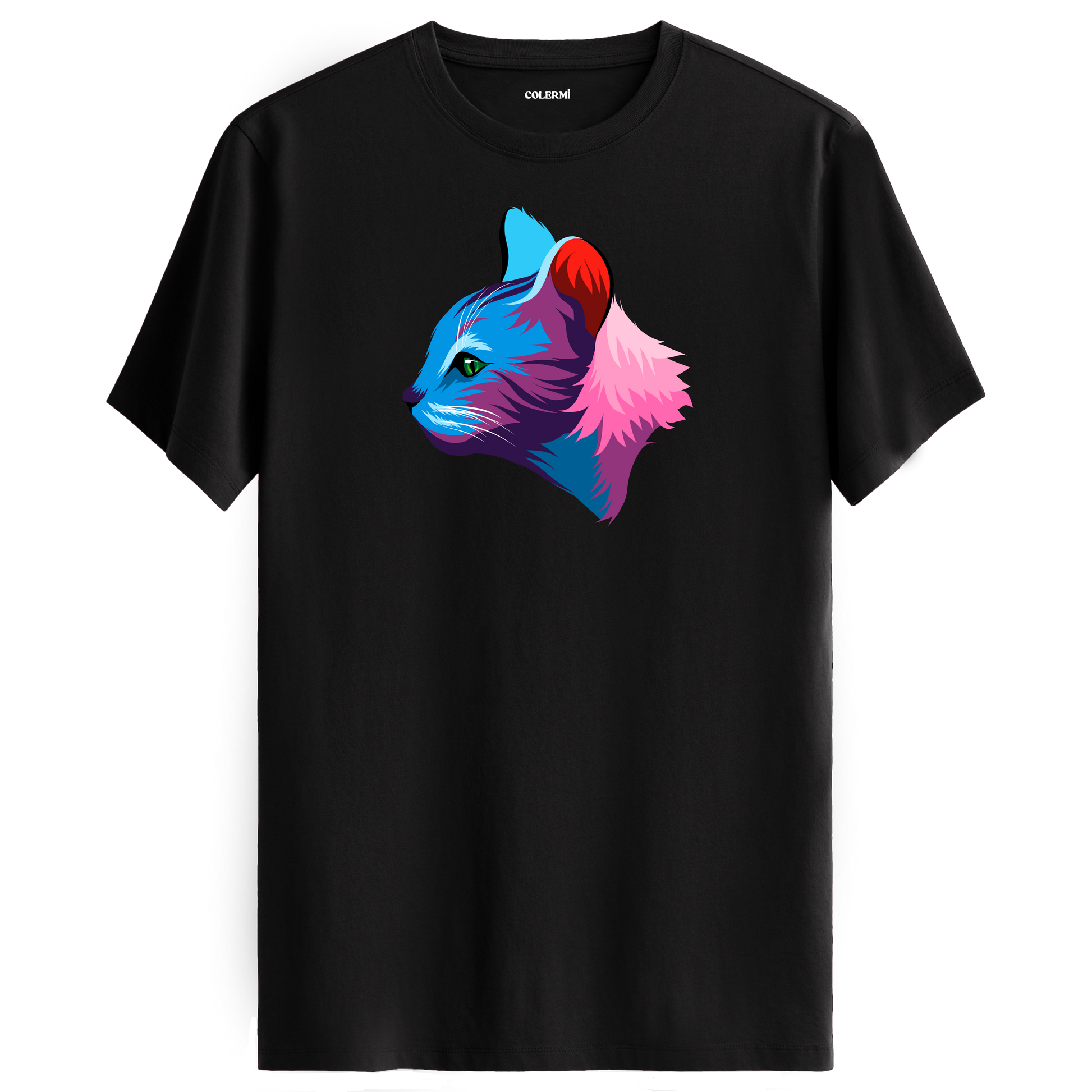 Siyah tişört üzerinde renkli Liora kedi baskısı