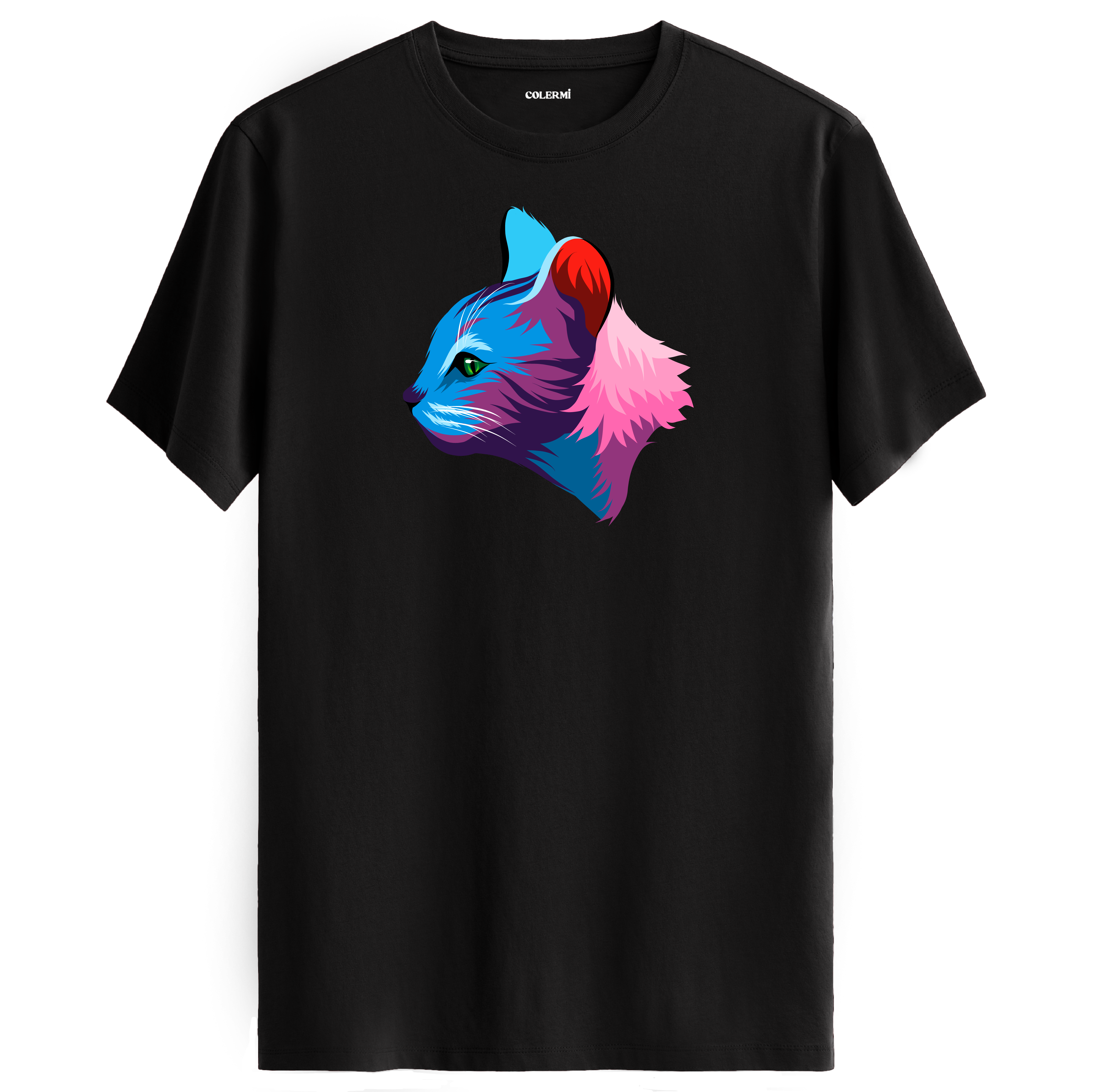 Siyah tişört üzerinde renkli Liora kedi baskısı