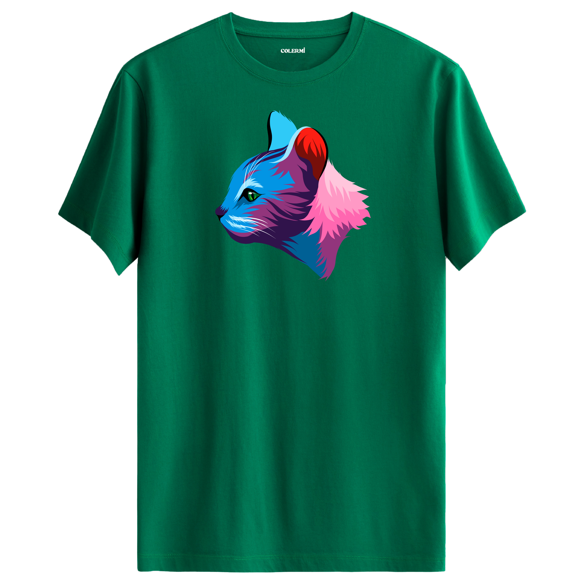 Yeşil tişört üzerinde renkli Liora kedi baskısı