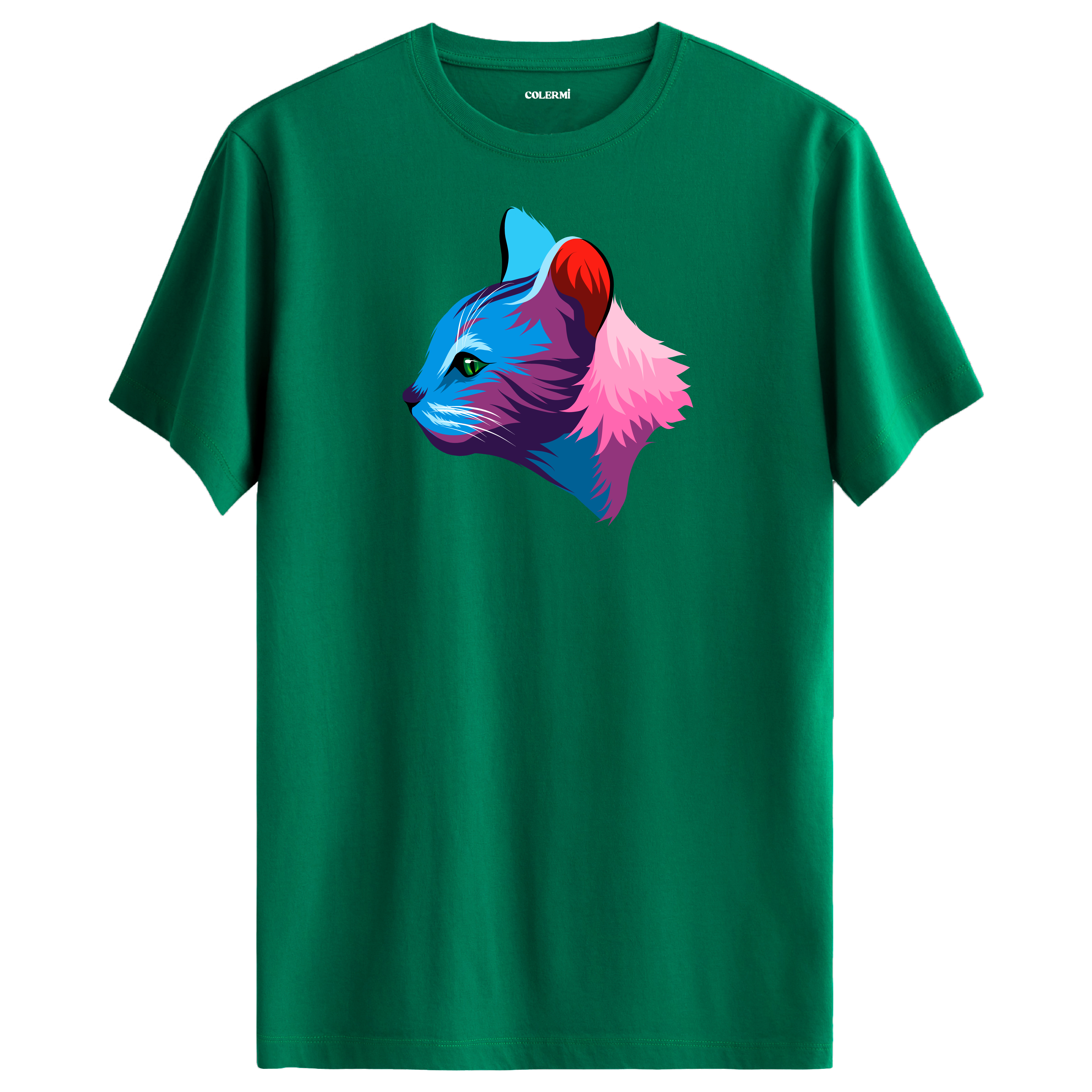 Yeşil tişört üzerinde renkli Liora kedi baskısı