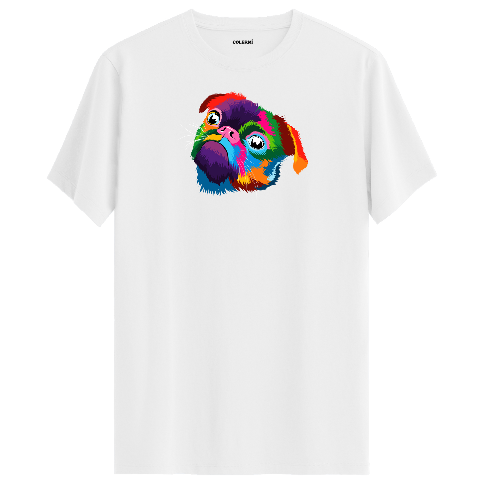 Beyaz tişört üzerinde renkli Lola Pug köpek baskısı