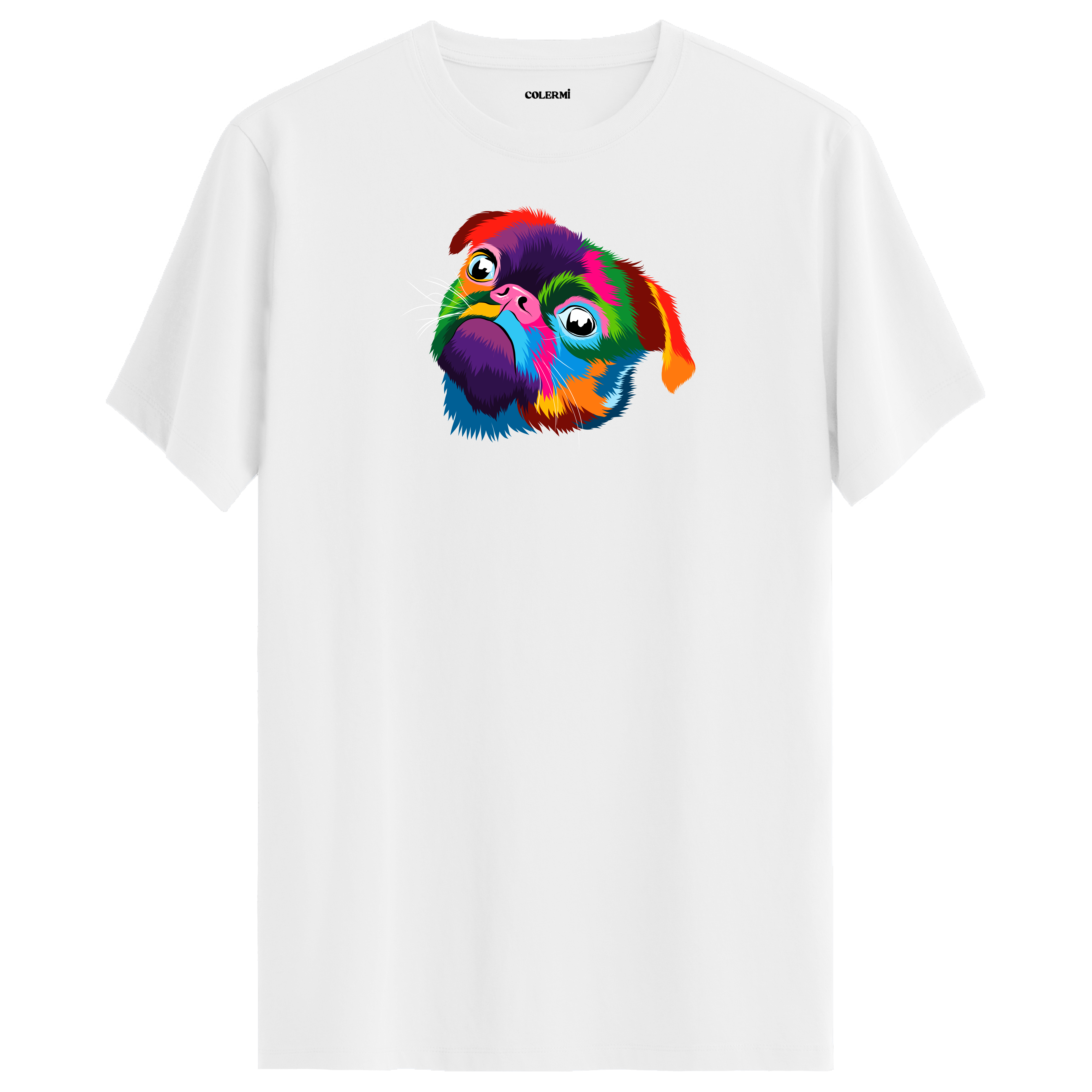 Beyaz tişört üzerinde renkli Lola Pug köpek baskısı