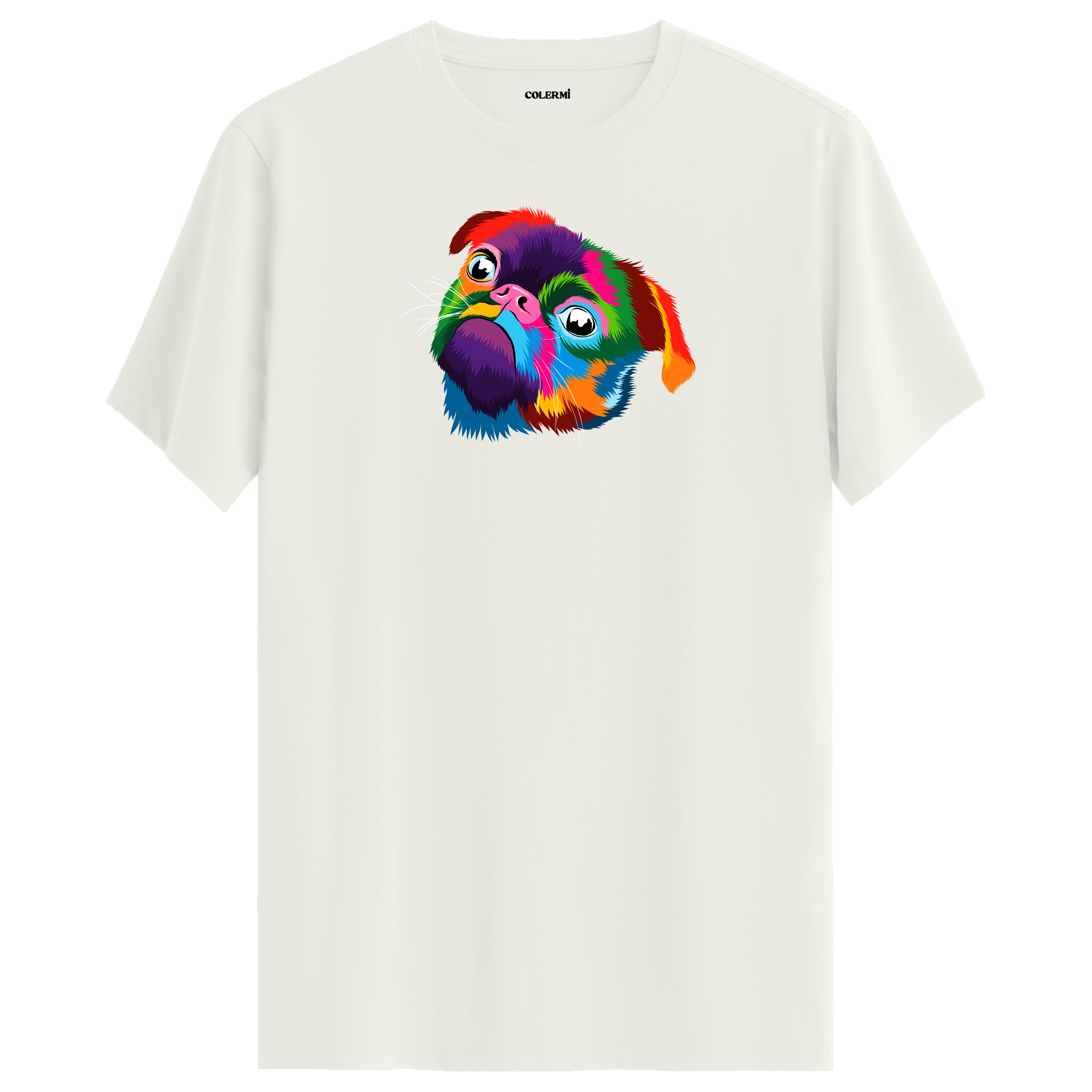 Ekru tişört üzerinde renkli Lola Pug köpek baskısı