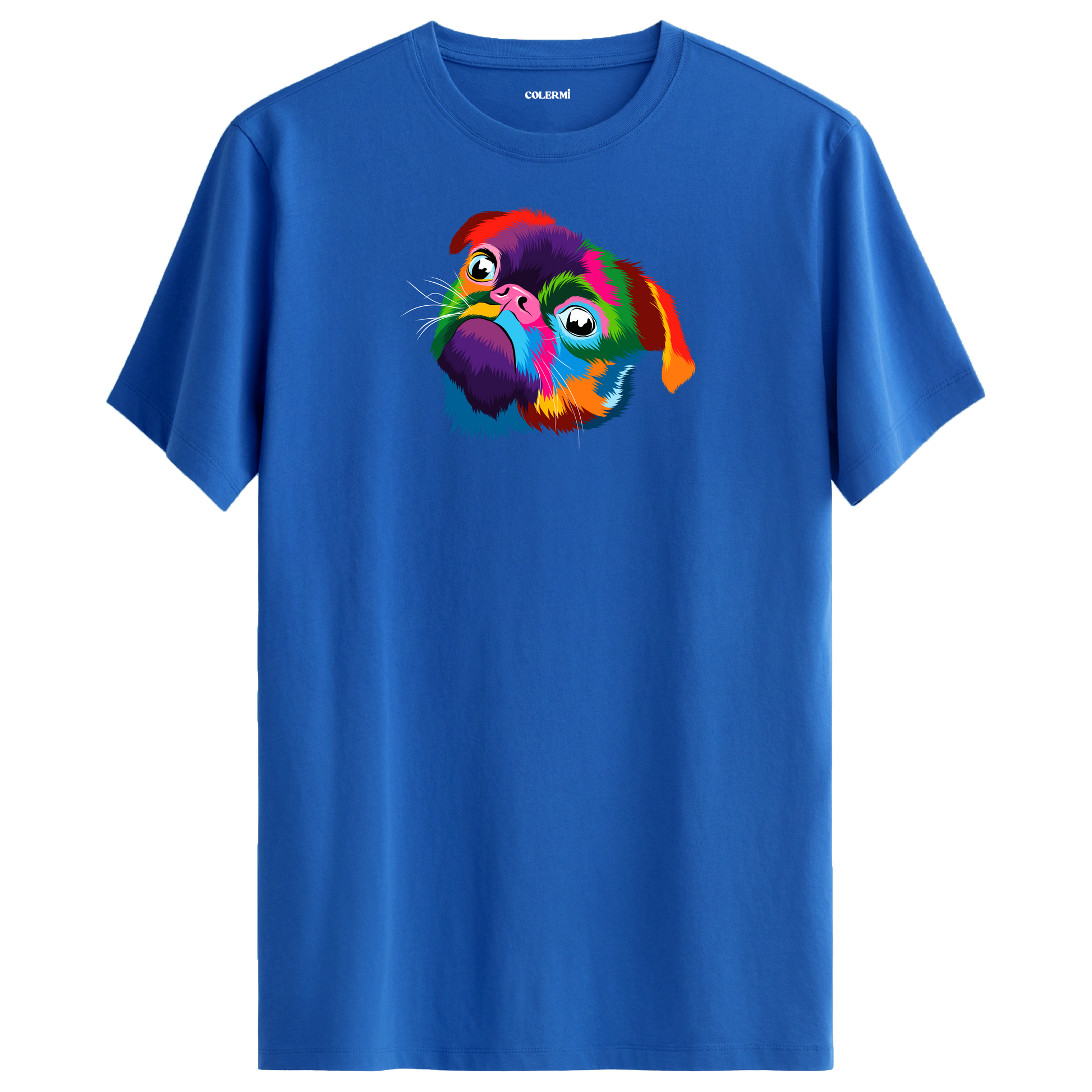 Mavi tişört üzerinde renkli Lola Pug köpek baskısı