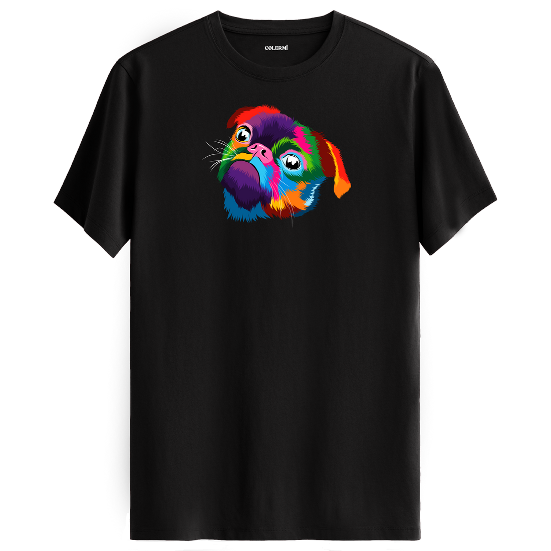 Siyah tişört üzerinde renkli Lola Pug köpek baskısı