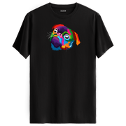 Siyah tişört üzerinde renkli Lola Pug köpek baskısı