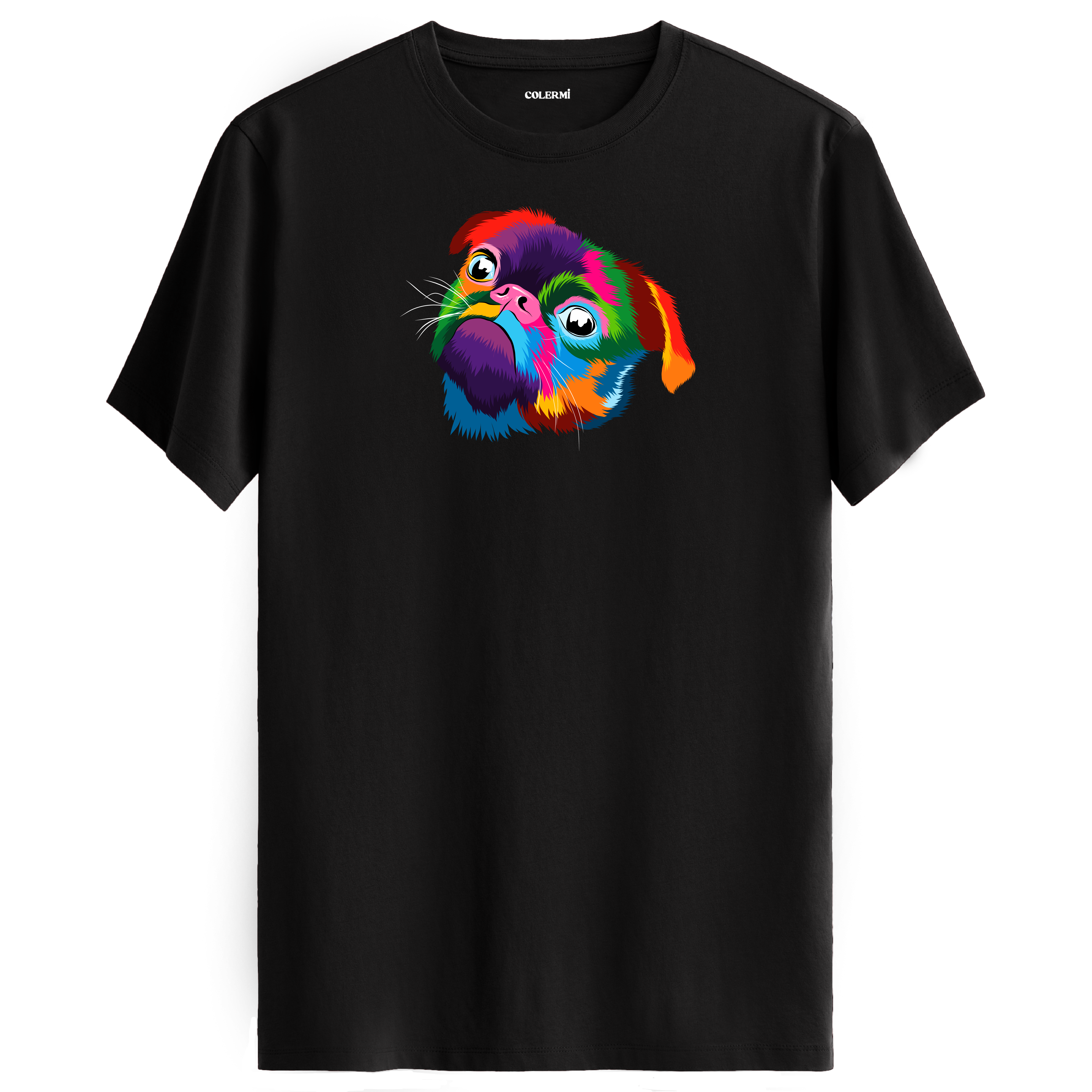 Siyah tişört üzerinde renkli Lola Pug köpek baskısı