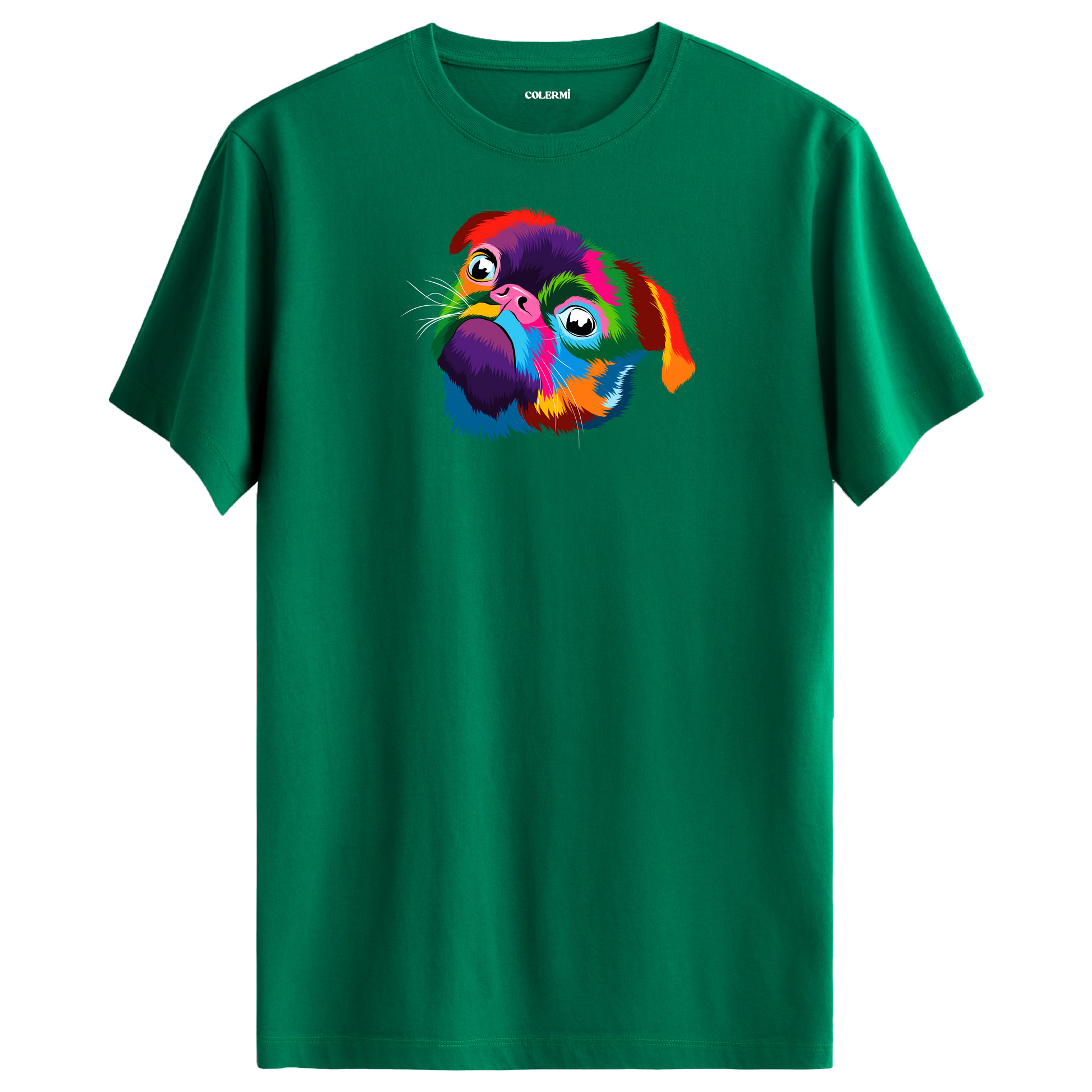 Yeşil tişört üzerinde renkli Lola Pug köpek baskısı