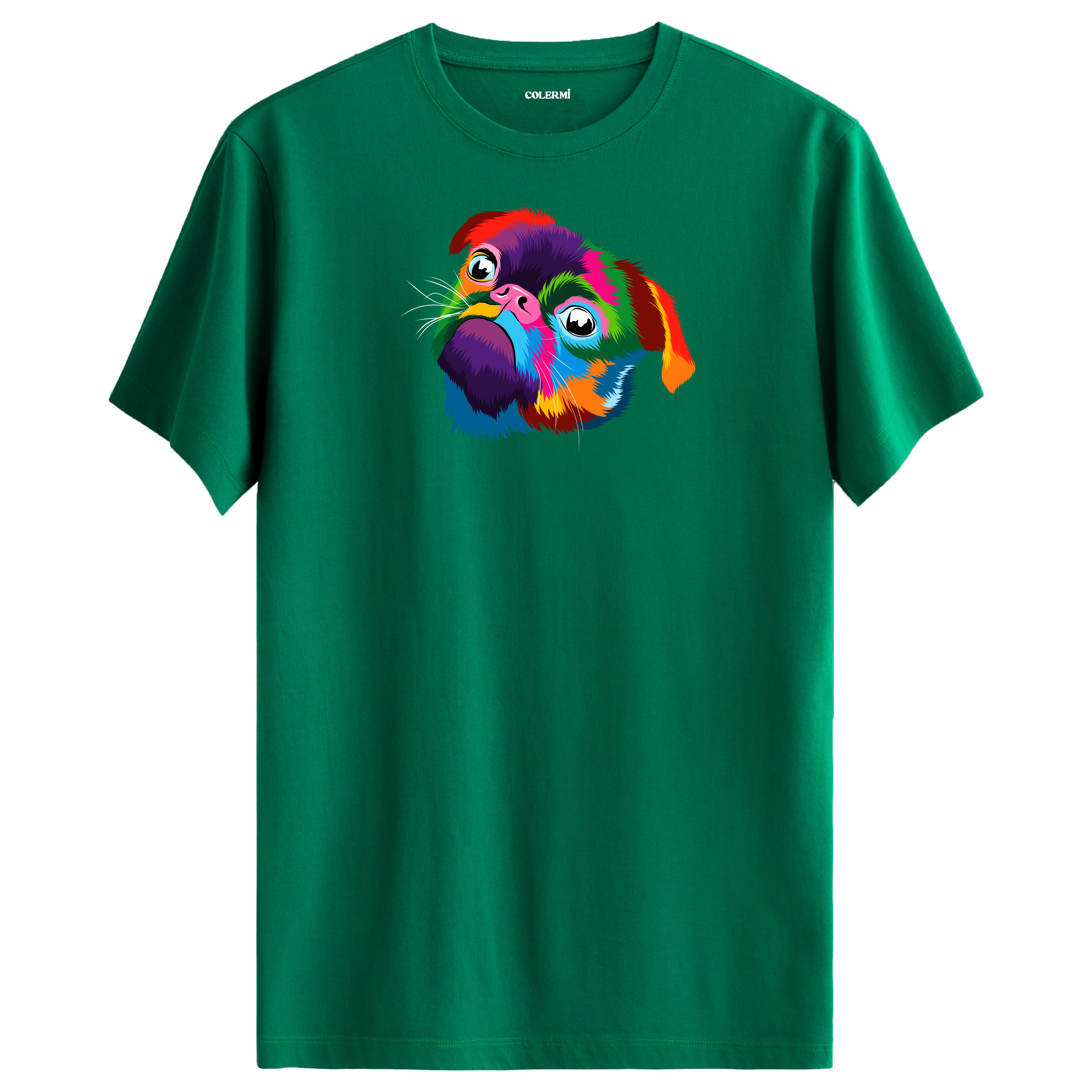 Yeşil tişört üzerinde renkli Lola Pug köpek baskısı