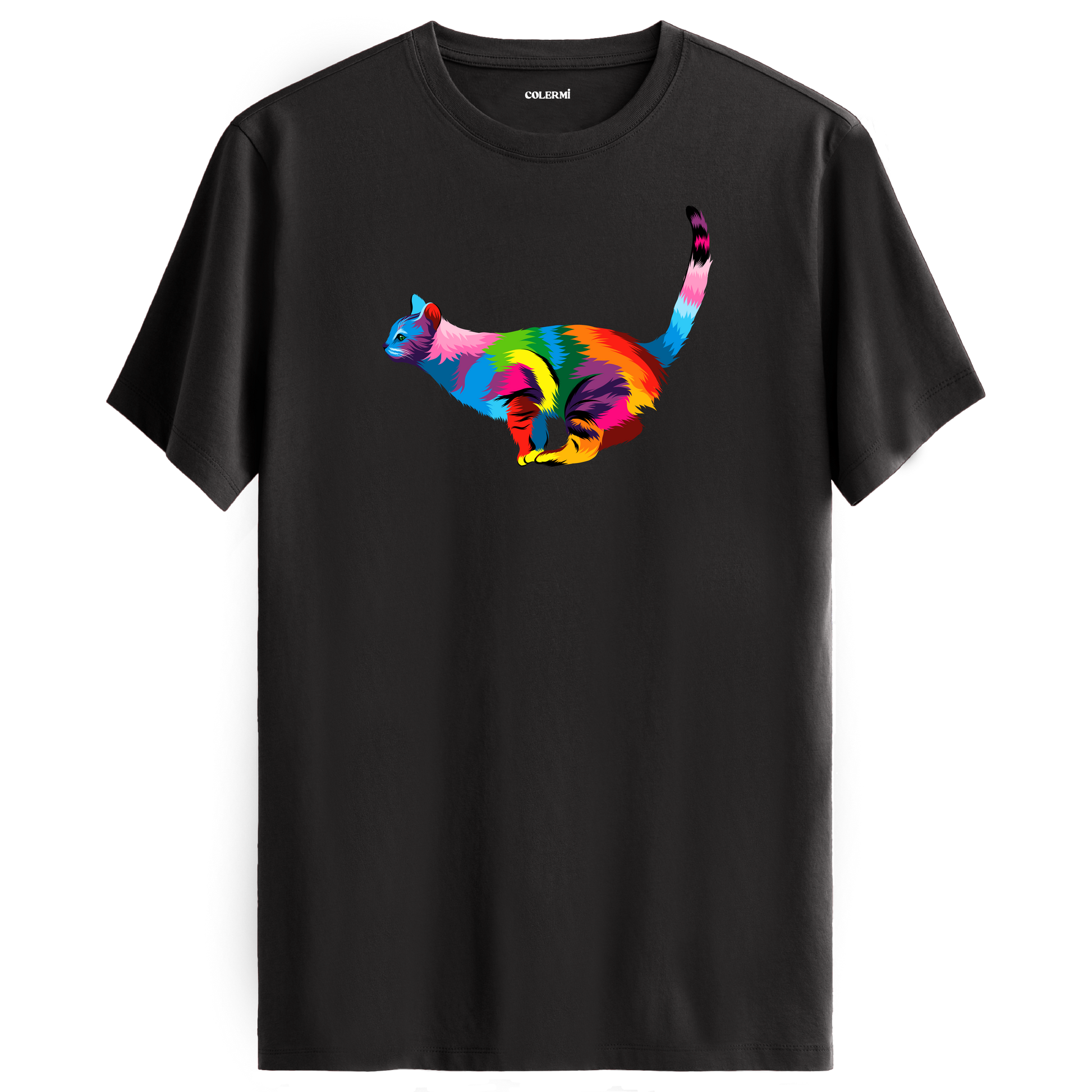Antrasit tişört üzerinde renkli Luna kedi baskısı
