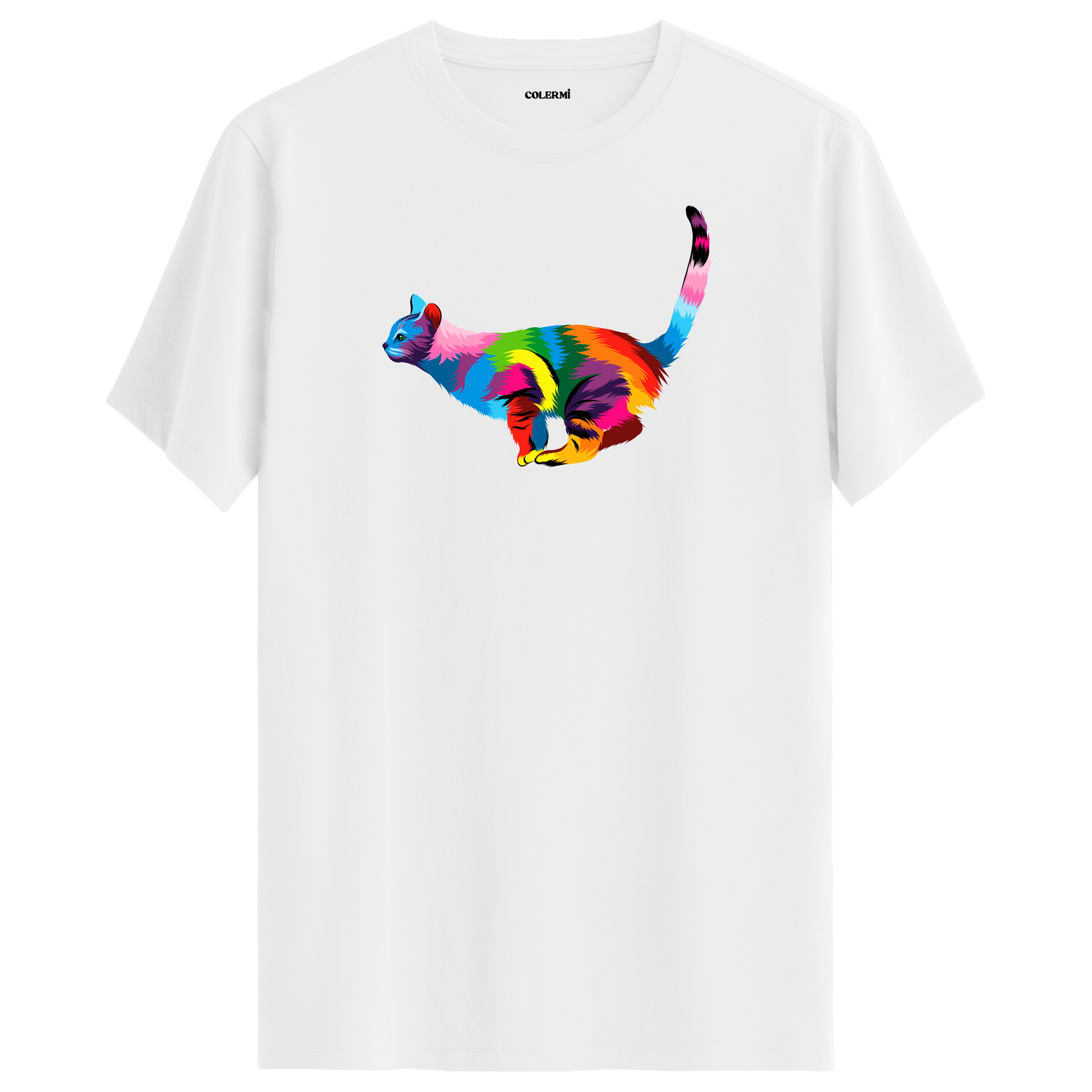 Beyaz bisiklet yaka tişört, özgür ruhlu kedinin sanatsal çizgilerle yorumlandığı özel tasarımıyla öne çıkıyor.