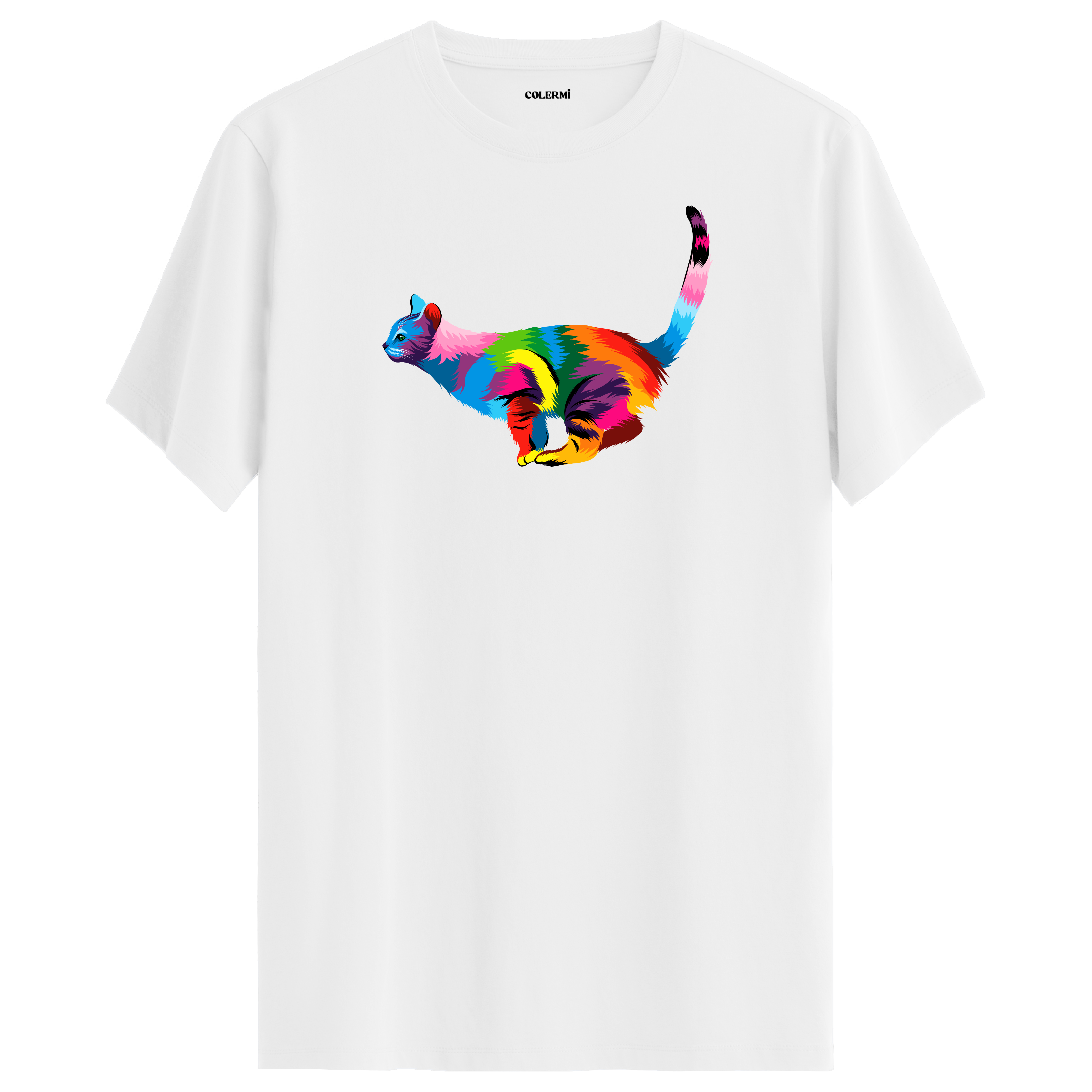 Beyaz bisiklet yaka tişört, özgür ruhlu kedinin sanatsal çizgilerle yorumlandığı özel tasarımıyla öne çıkıyor.