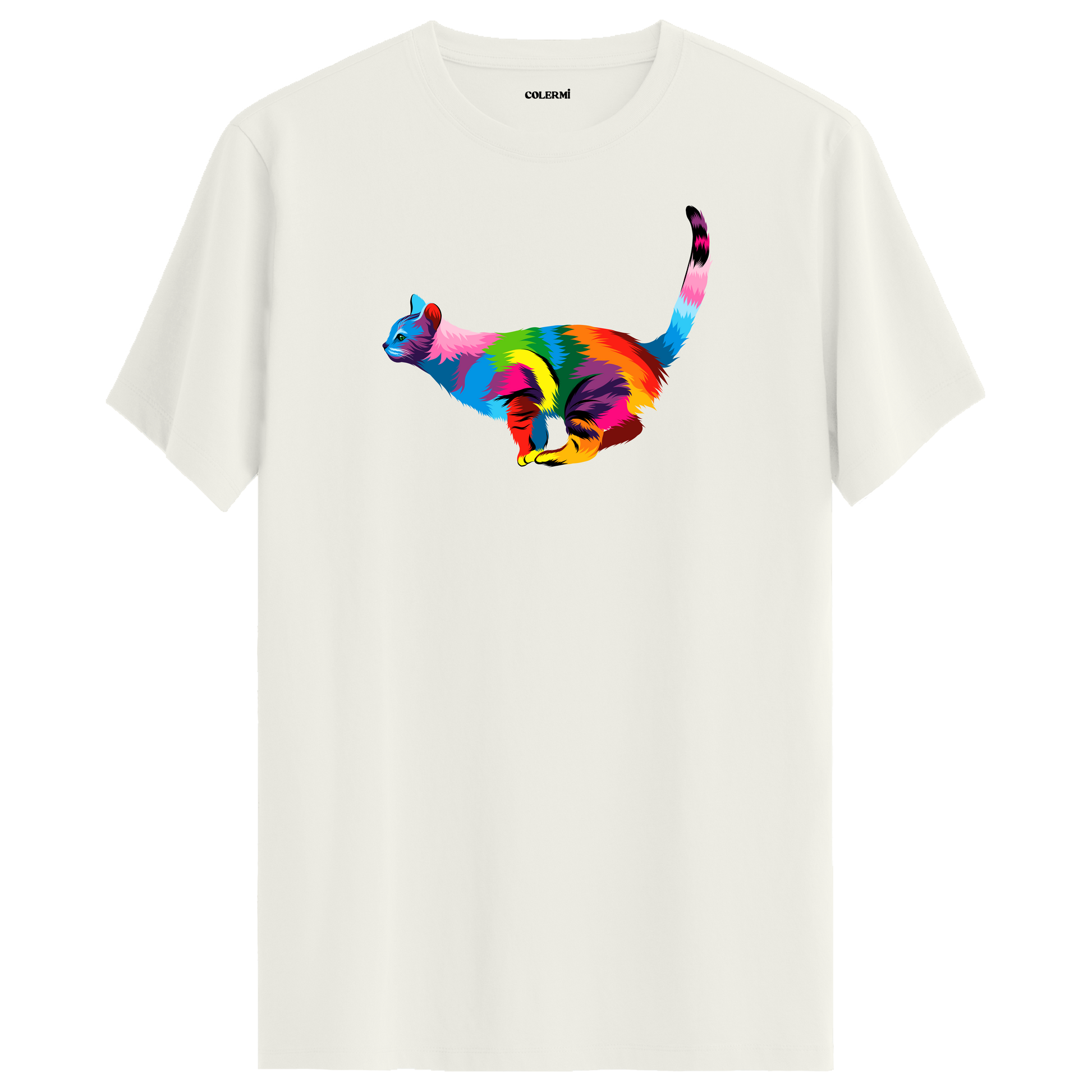 Ekru tişört üzerinde renkli Luna kedi baskısı