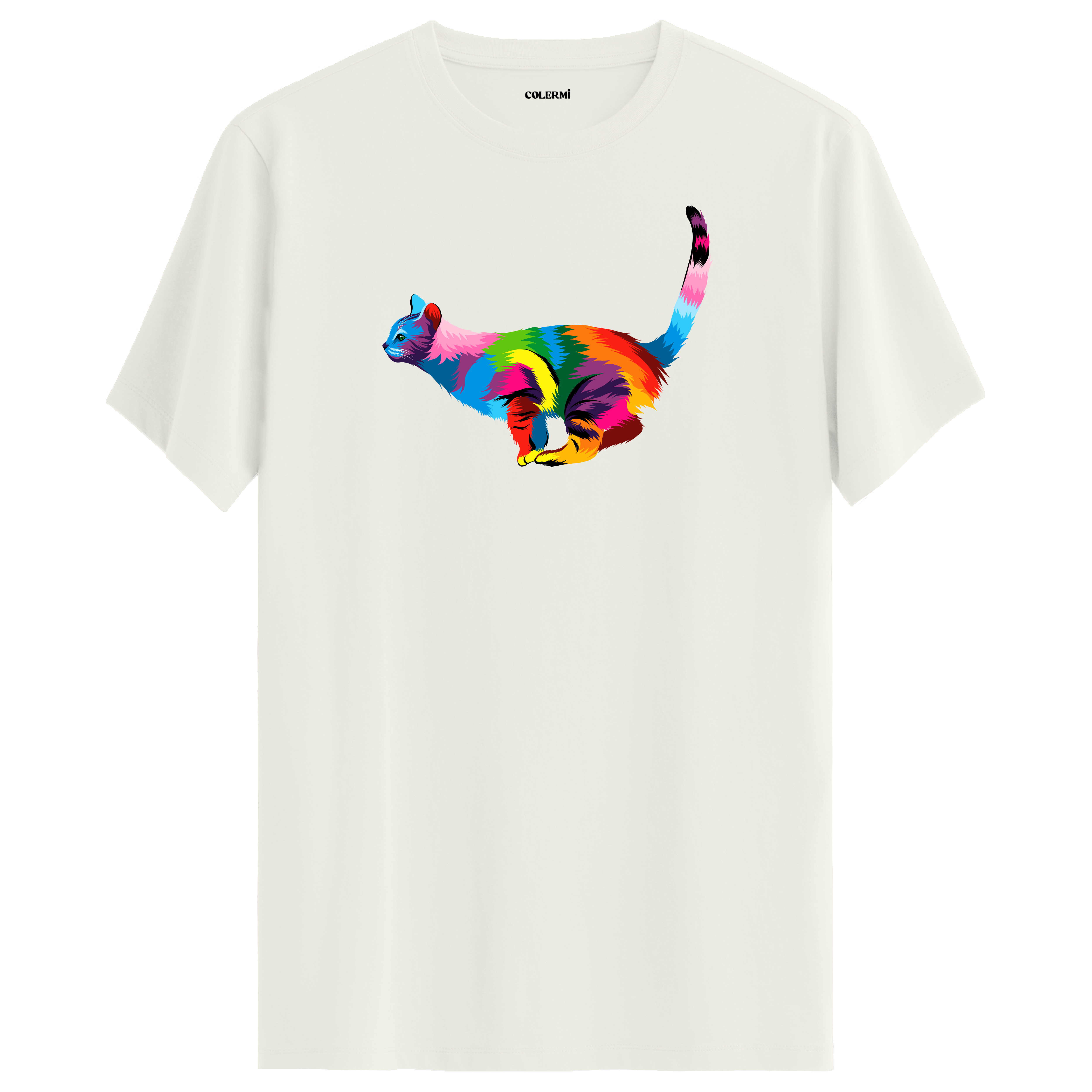 Ekru tişört üzerinde renkli Luna kedi baskısı