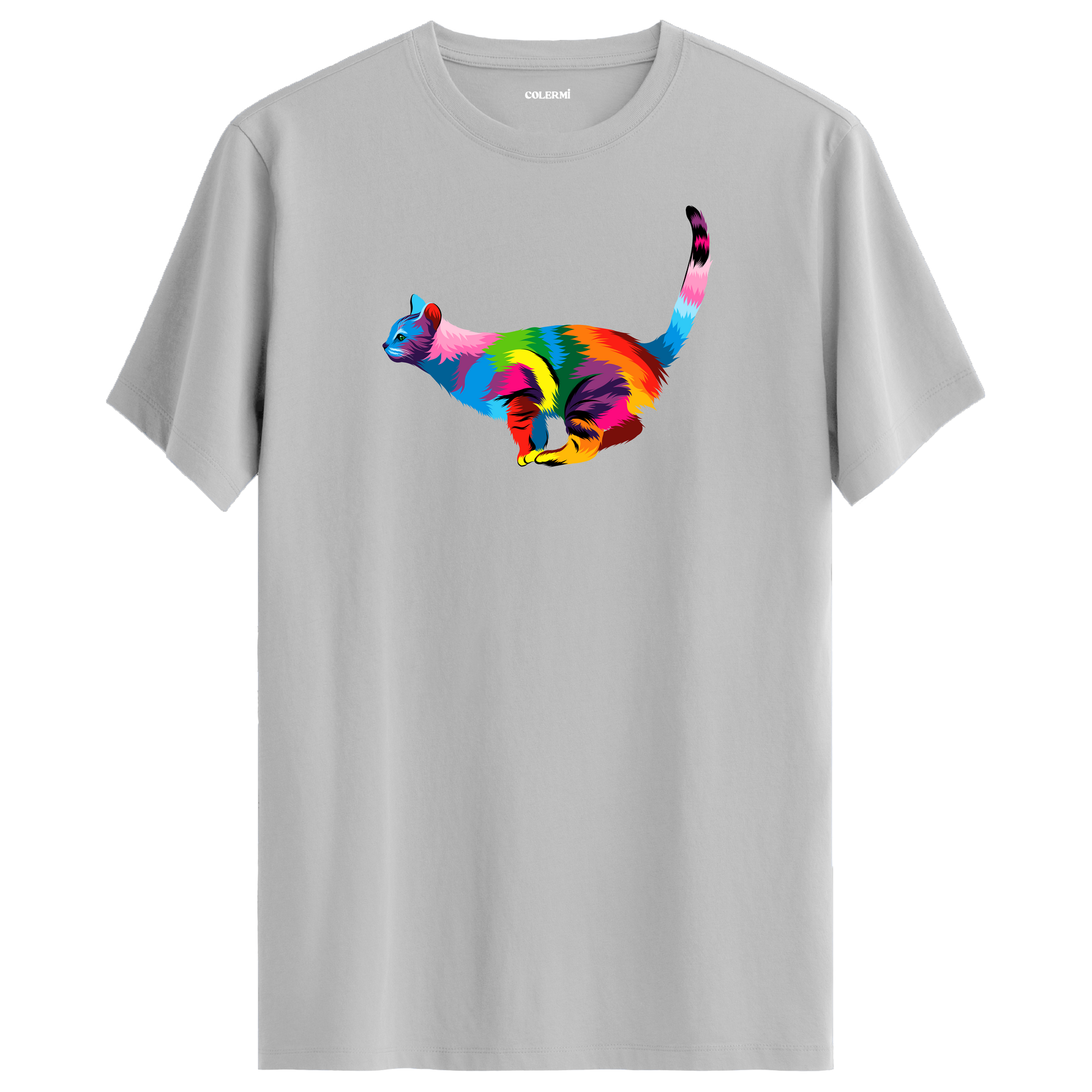 Gri tişört üzerinde renkli Luna kedi baskısı