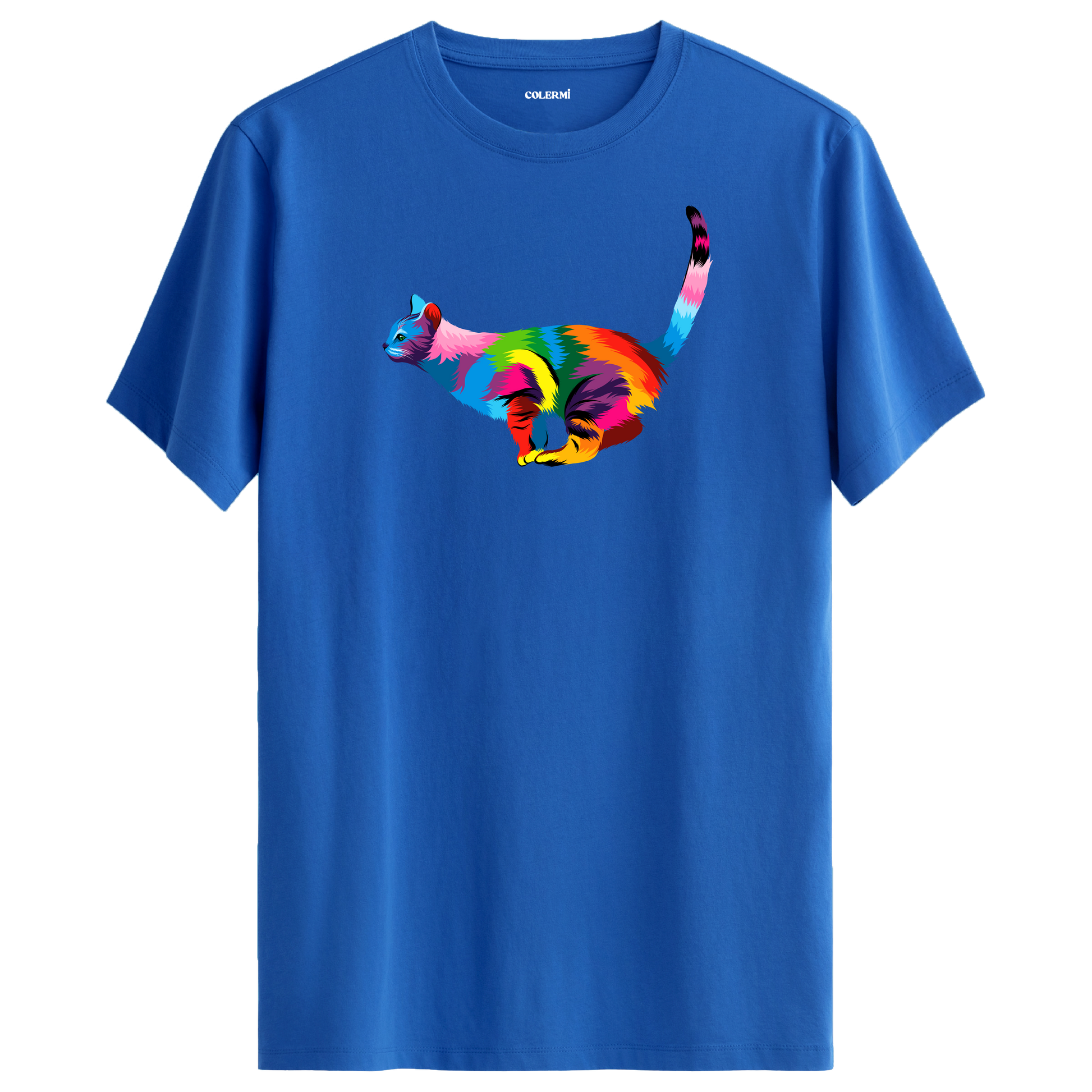 Mavi tişört üzerinde renkli Luna kedi baskısı