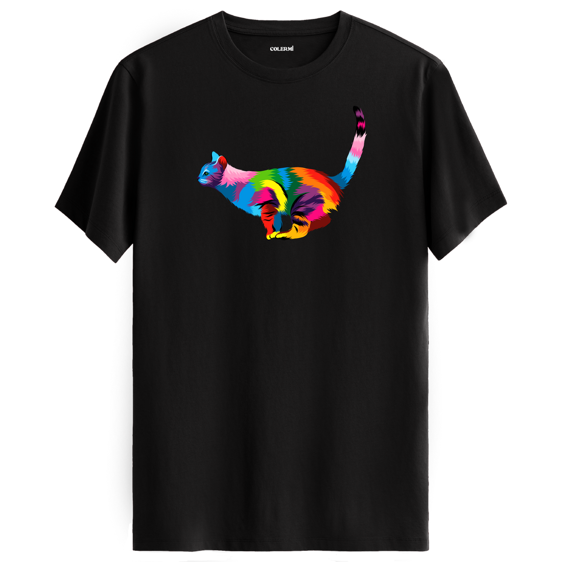Siyah tişört üzerinde renkli Luna kedi baskısı