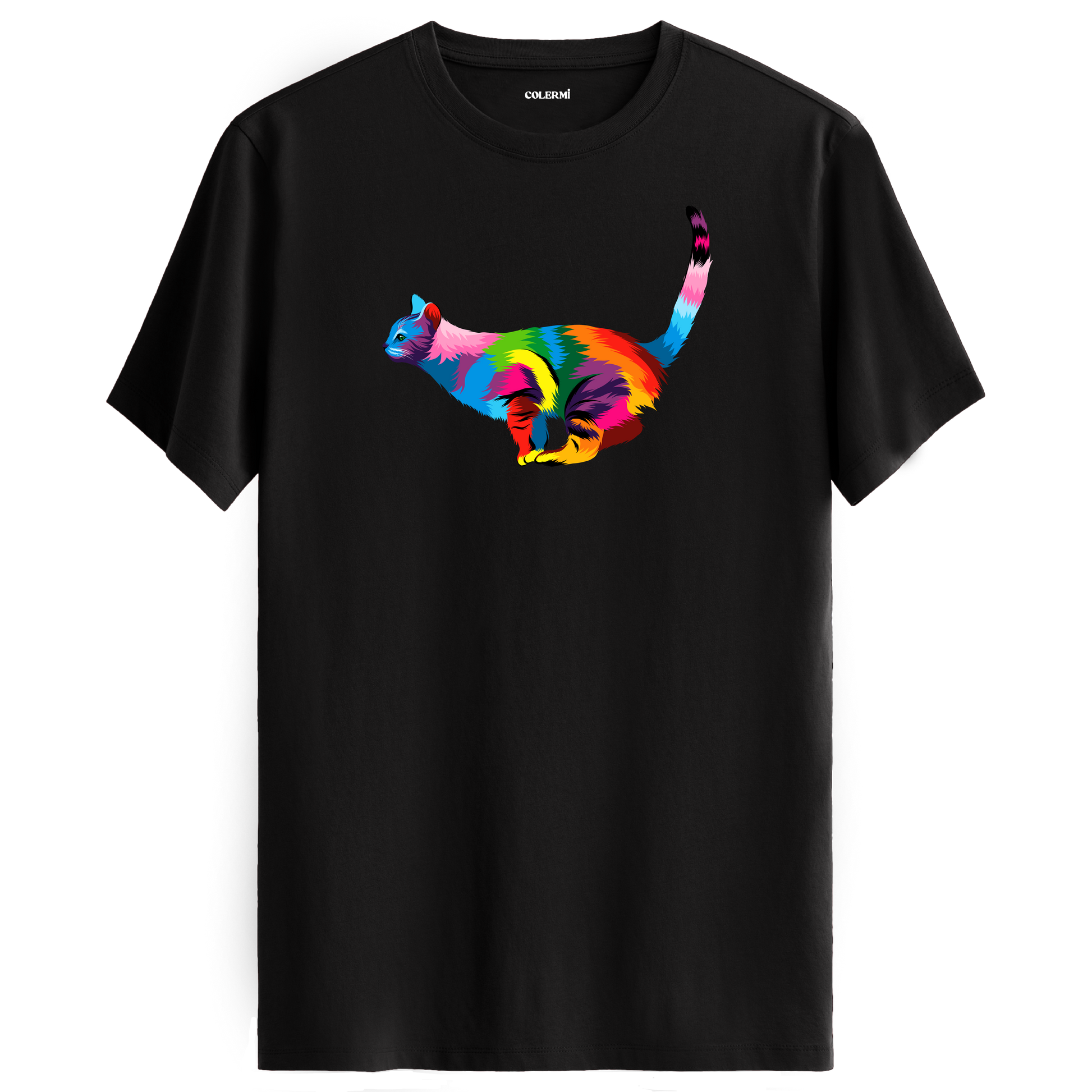 Siyah tişört üzerinde renkli Luna kedi baskısı